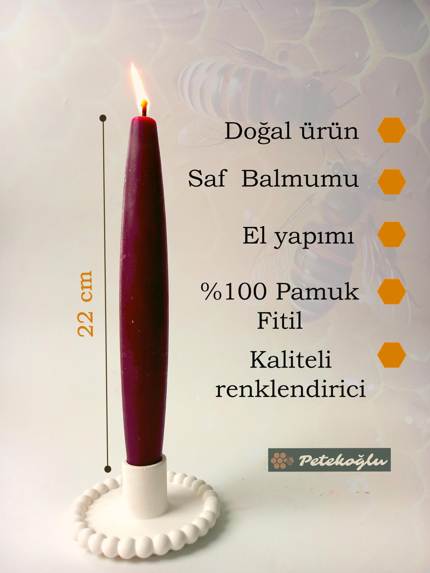 Balmumu Mum (2 Adet  Bordo)  Şamdan Mumu Mermi Formunda Masa Mumu 22 Cm Bees wax Mum Bal Mumu