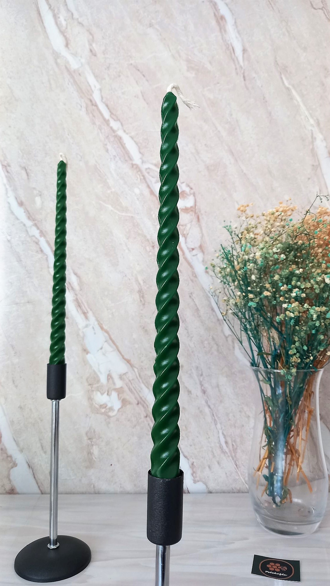(4 Adet 27.5Cm Yeşil) Konik Burgulu Balmumu Şamdan Mumu Doğal Petek Balmumu Mum Dekoratif