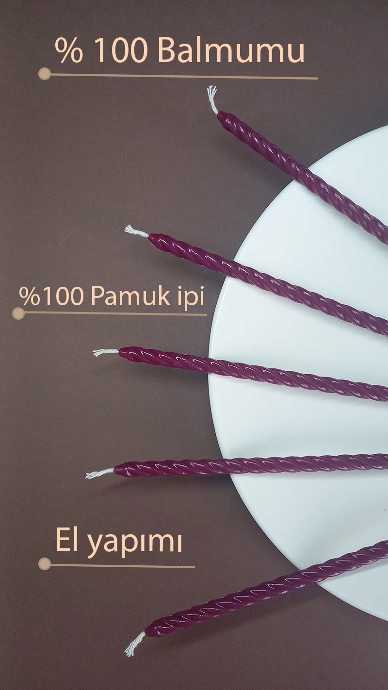 Balmumu Mum (10 Adet Bordo) Burgulu Dilek Mumu Doğal Petek İnce Uzun Parti Nişan Ritüel