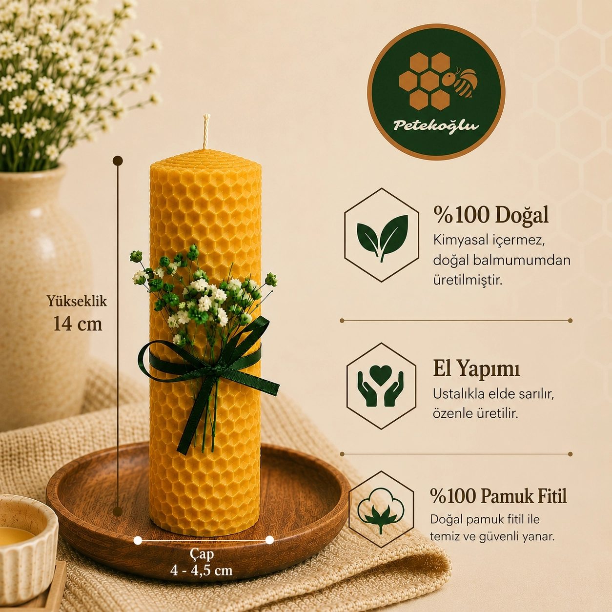 Tekli Hediyelik Balmumu Mum Çiçek Süslemeli Yeşil Kurdeleli El Sarımı 14 cm Beyaz Şık Kutusunda