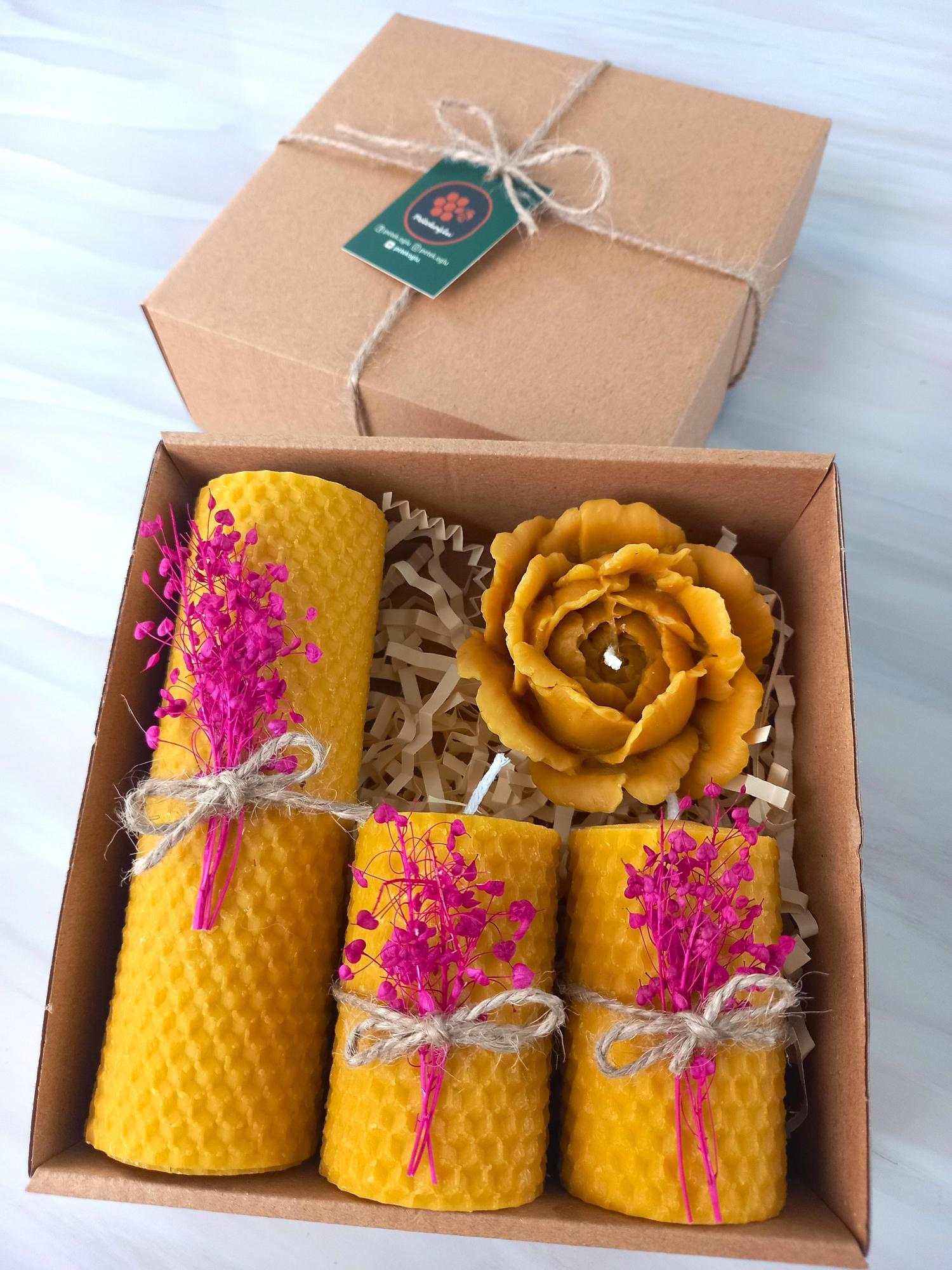 Balmumu Mum Dekoratif Hediye Kutusu 4 Lü Set Doğal Petek Beeswax Candle Açmış Gül