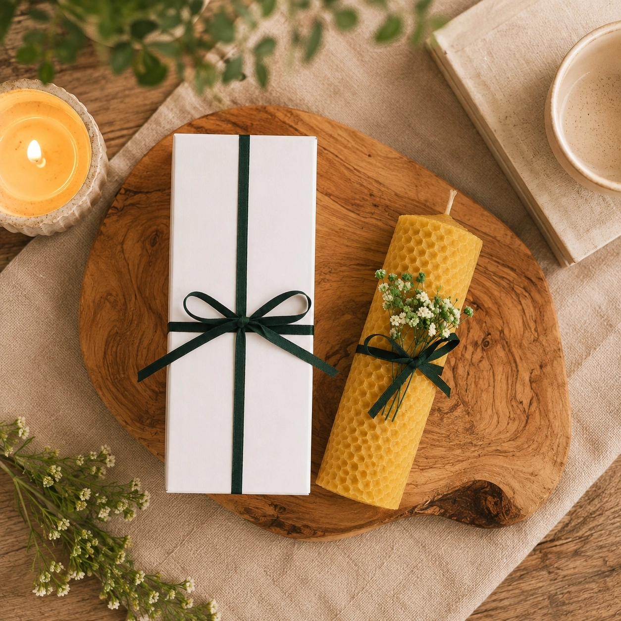 Tekli Hediyelik Balmumu Mum Çiçek Süslemeli Yeşil Kurdeleli El Sarımı 14 cm Beyaz Şık Kutusunda