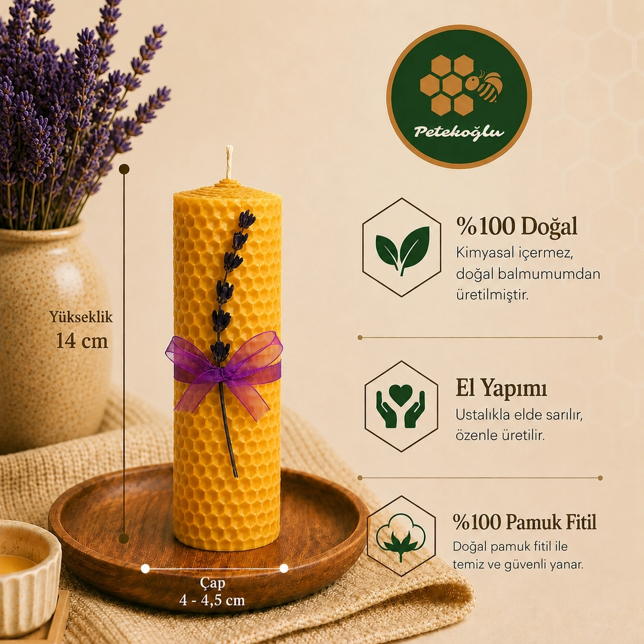 Tekli Hediyelik Balmumu Mum Lavanta Süslemeli Mor Kurdeleli El Sarımı 14 cm Beyaz Şık Kutusunda