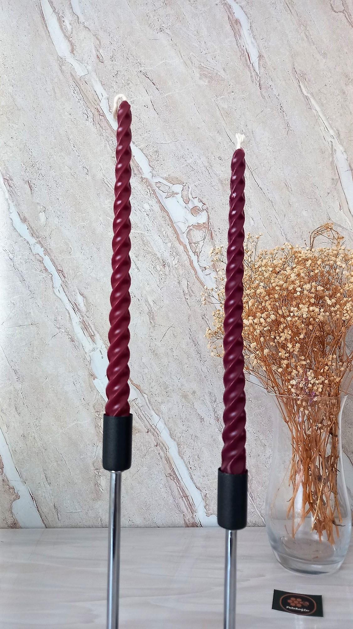 (4 Adet 27.5Cm Bordo) Konik Burgulu Balmumu Şamdan Mumu Doğal Petek Balmumu Mum Dekoratif