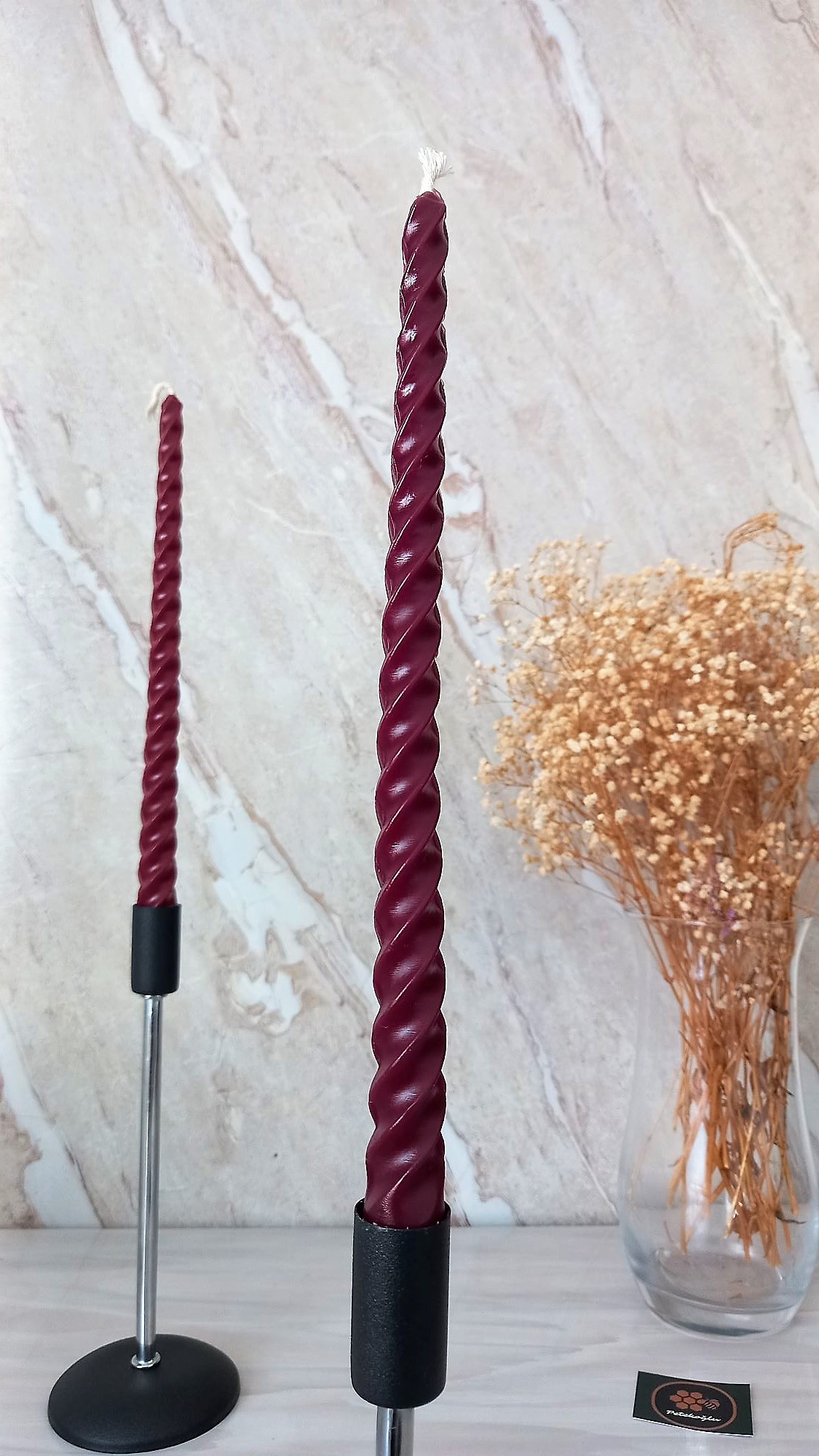 (4 Adet 27.5Cm Bordo) Konik Burgulu Balmumu Şamdan Mumu Doğal Petek Balmumu Mum Dekoratif