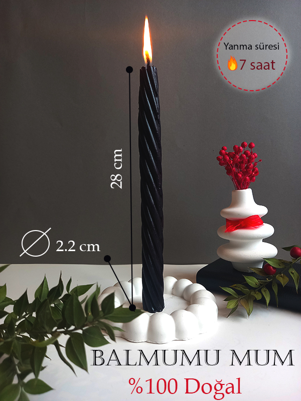 Balmumu Mum (2 Adet Siyah 27.5Cm)Kalın Burgu Burgulu Balmumu Şamdan Mumu  Dekoratif