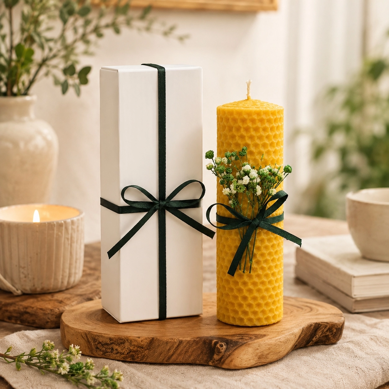 Tekli Hediyelik Balmumu Mum Çiçek Süslemeli Yeşil Kurdeleli El Sarımı 14 cm Beyaz Şık Kutusunda