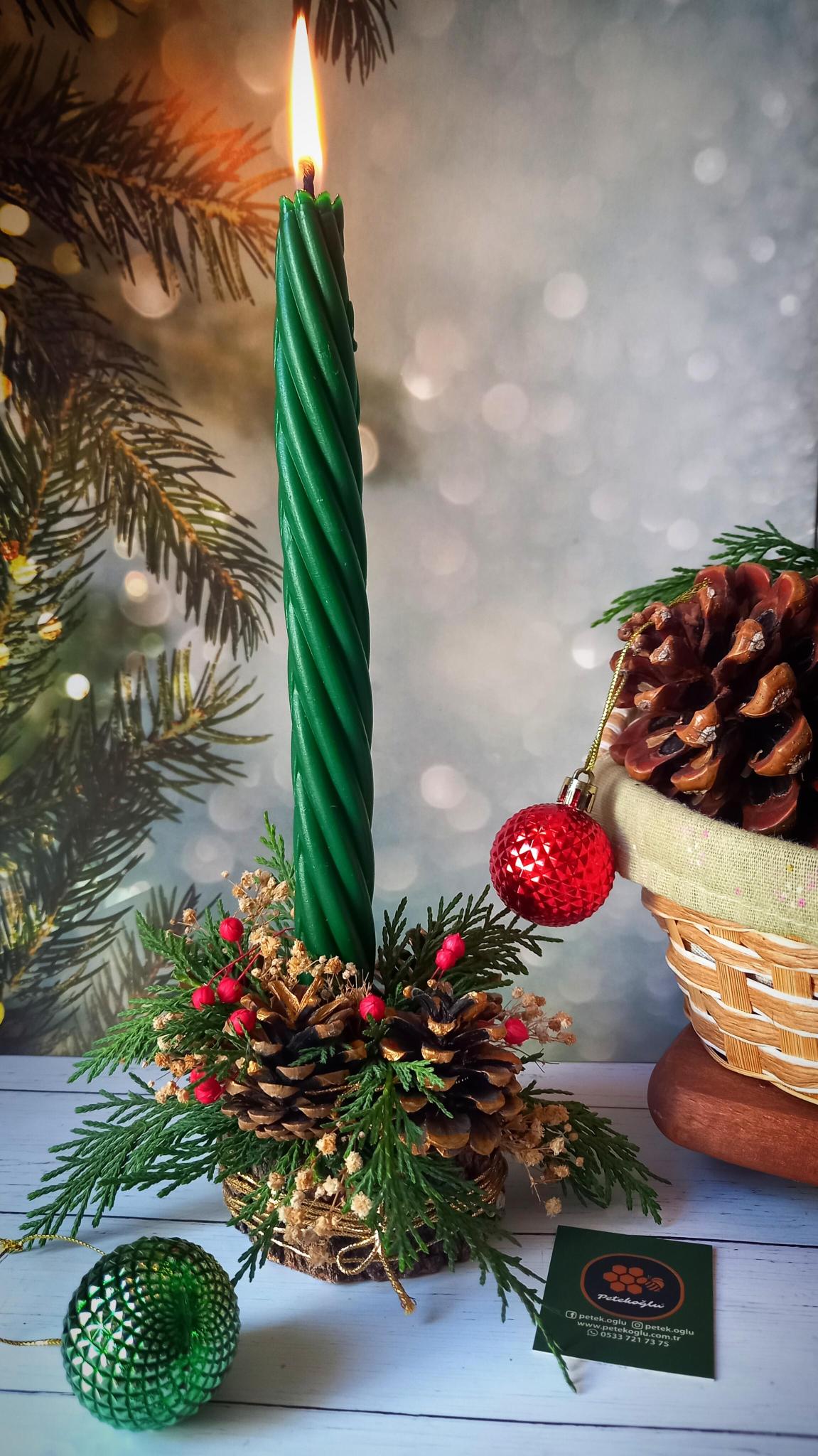 Balmumu Mum (2 Adet Yeşil 27.5Cm)Kalın Burgulu Şamdan Mumu Dekoratif ve Yeni Yıl