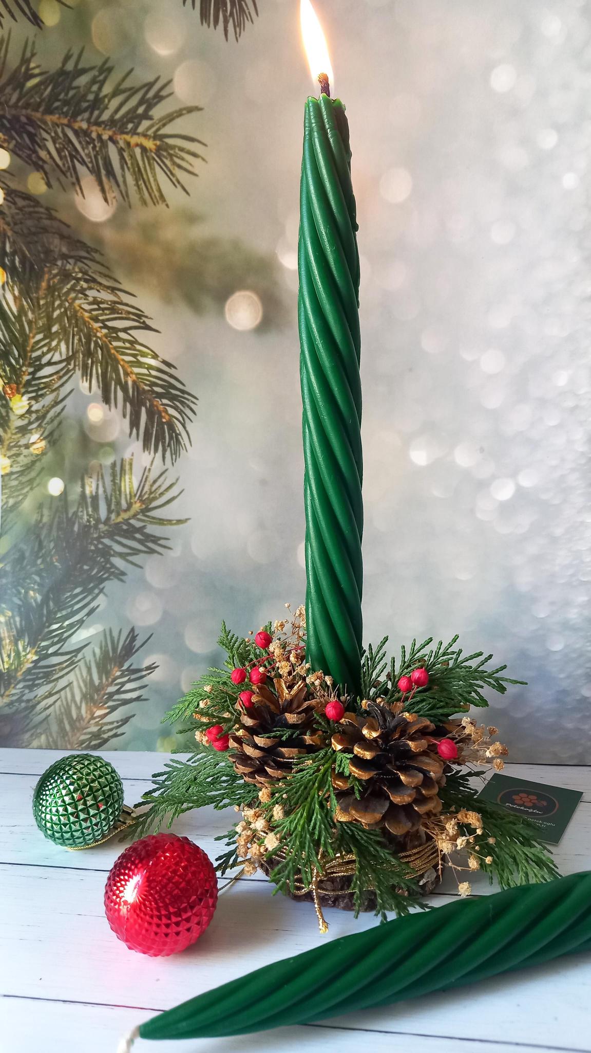 Balmumu Mum (2 Adet Yeşil 27.5Cm)Kalın Burgulu Şamdan Mumu Dekoratif ve Yeni Yıl