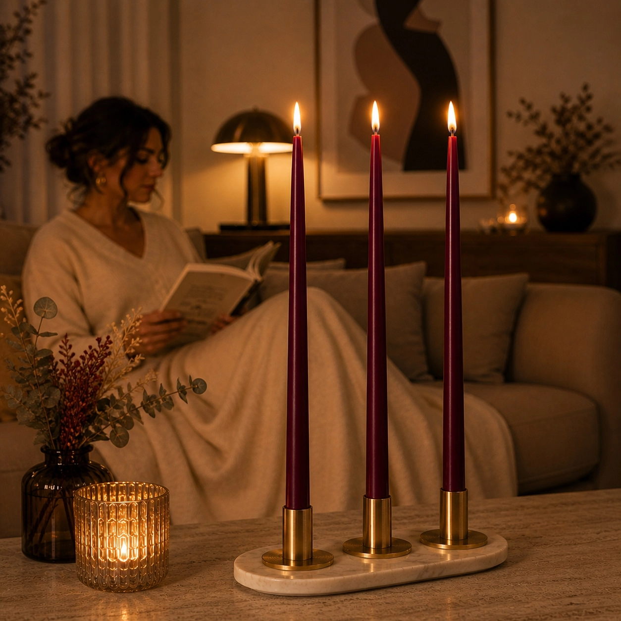 (6 Adet X 34Cm) Konik Balmumu Şamdan Mumu Bordo Doğal Petek Balmumu Mum Dekoratif Beeswax Candle