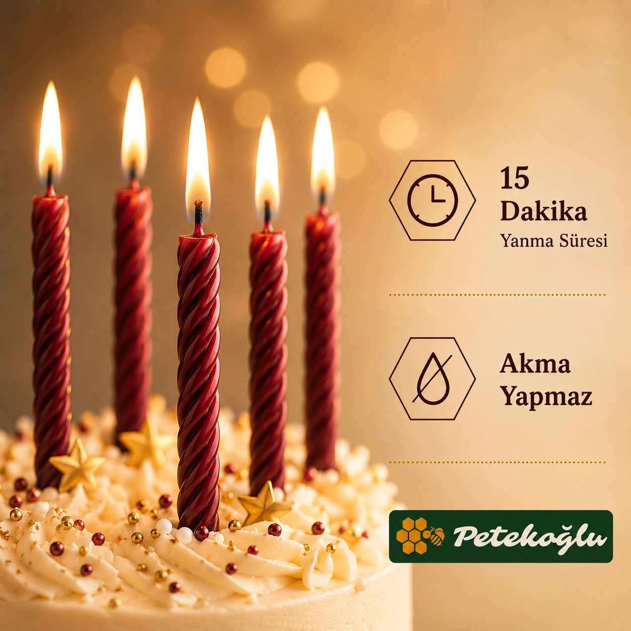 (12 Adet Bordo) Balmumu Mum Küçük Boy Doğum Günü ve Pasta Mumu El Yapımı 6,5 cm Beeswax Candle