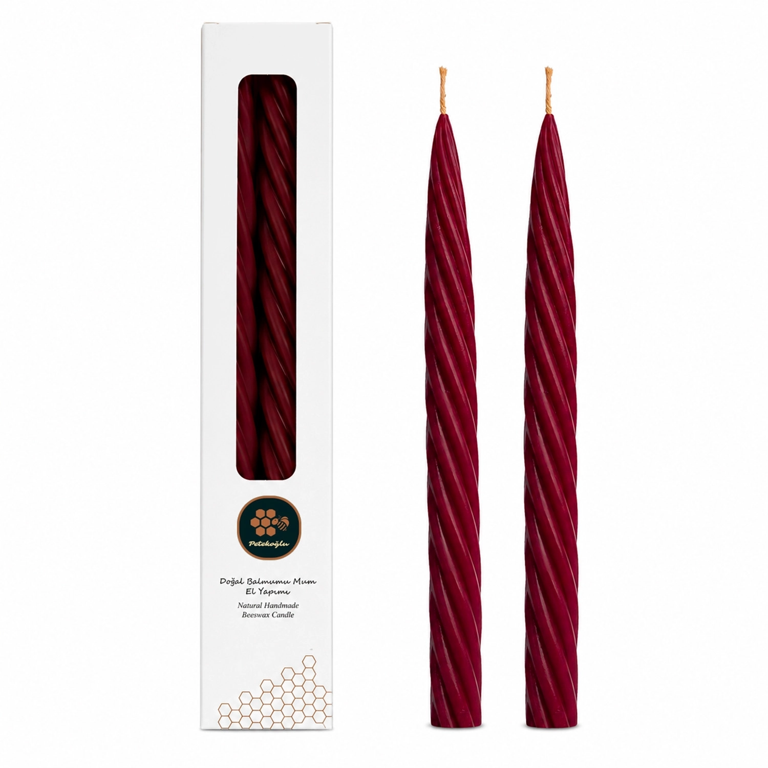 Balmumu Mum (2 Adet Bordo 27.5 Cm) Kalın Burgulu Şamdan Mumu Dekoratif ve Romantik Masa Dekorasyonu
