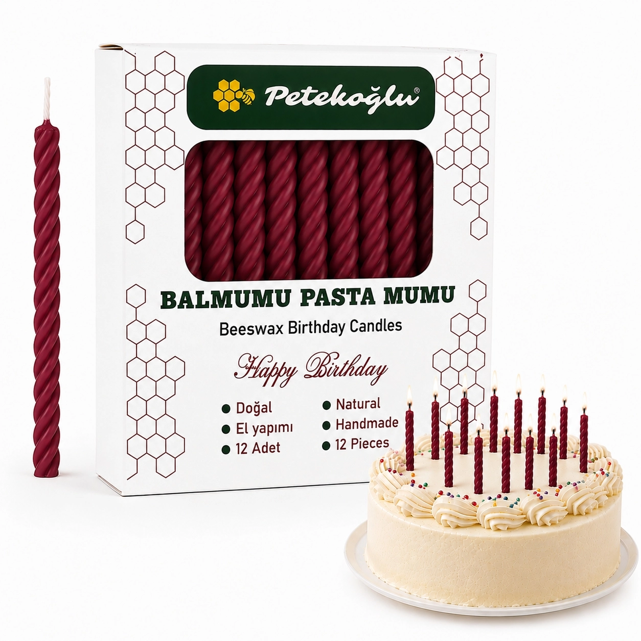 (12 Adet Bordo) Balmumu Mum Küçük Boy Doğum Günü ve Pasta Mumu El Yapımı 6,5 cm Beeswax Candle