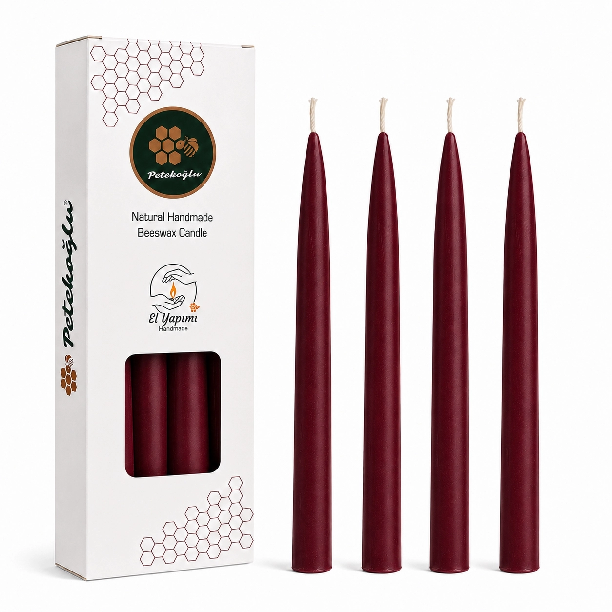 Bordo Balmumu Mum 4’lü – Standart Konik Şamdan Mumu 25 cm, 5 Saat Yanma, Yılbaşı ve Masa Dekorasyonu