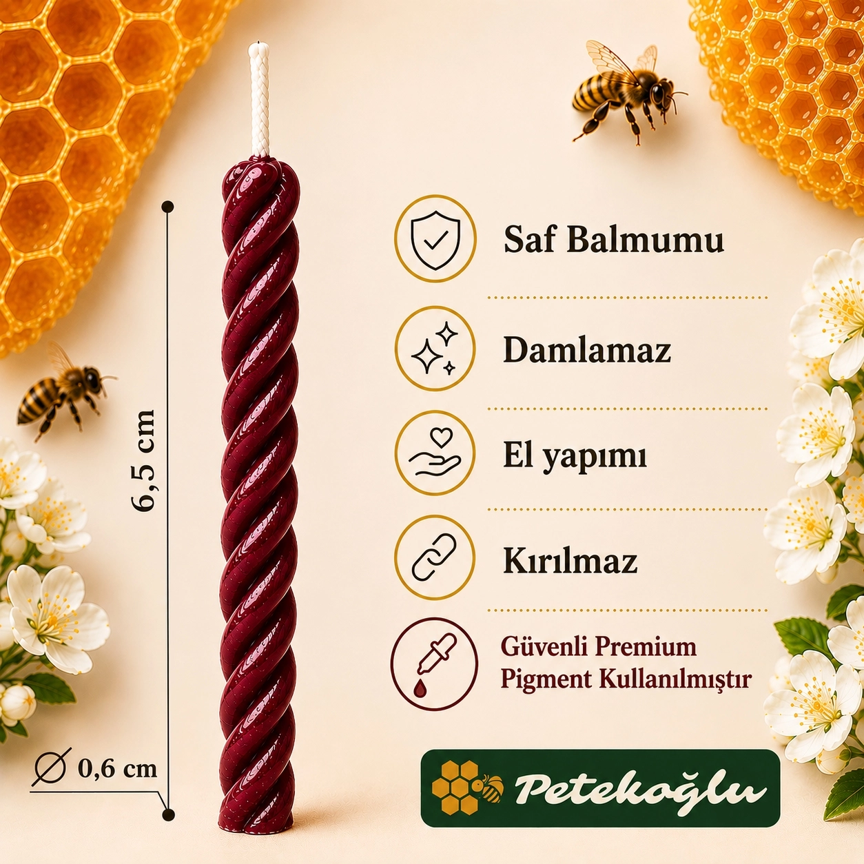 (12 Adet Bordo) Balmumu Mum Küçük Boy Doğum Günü ve Pasta Mumu El Yapımı 6,5 cm Beeswax Candle