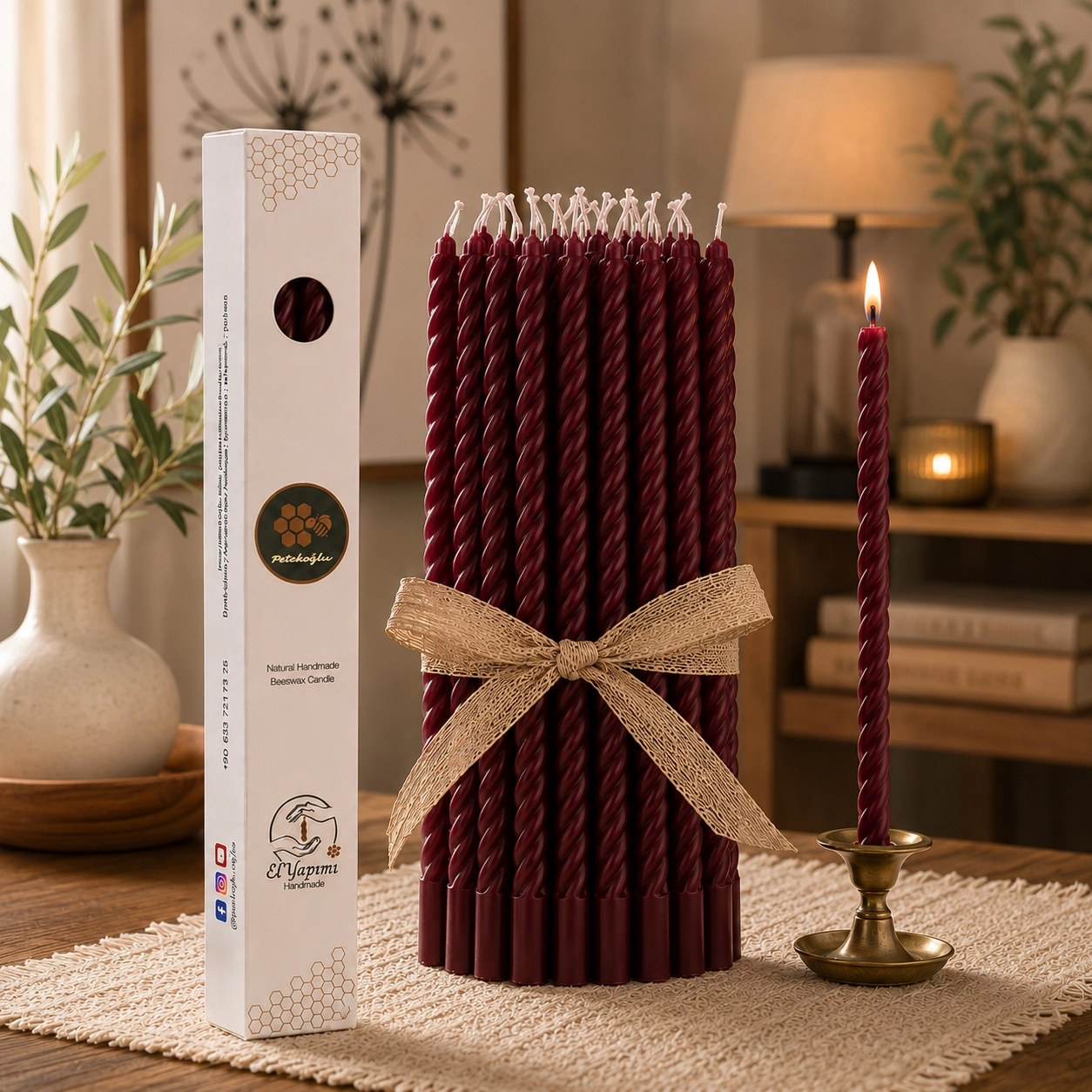 10 Adet Bordo Balmumu Mum Burgulu Dilek Mumu 24 cm Ritüel Şamdan Kutlama Nişan Düğün Doğum Günü Mumu