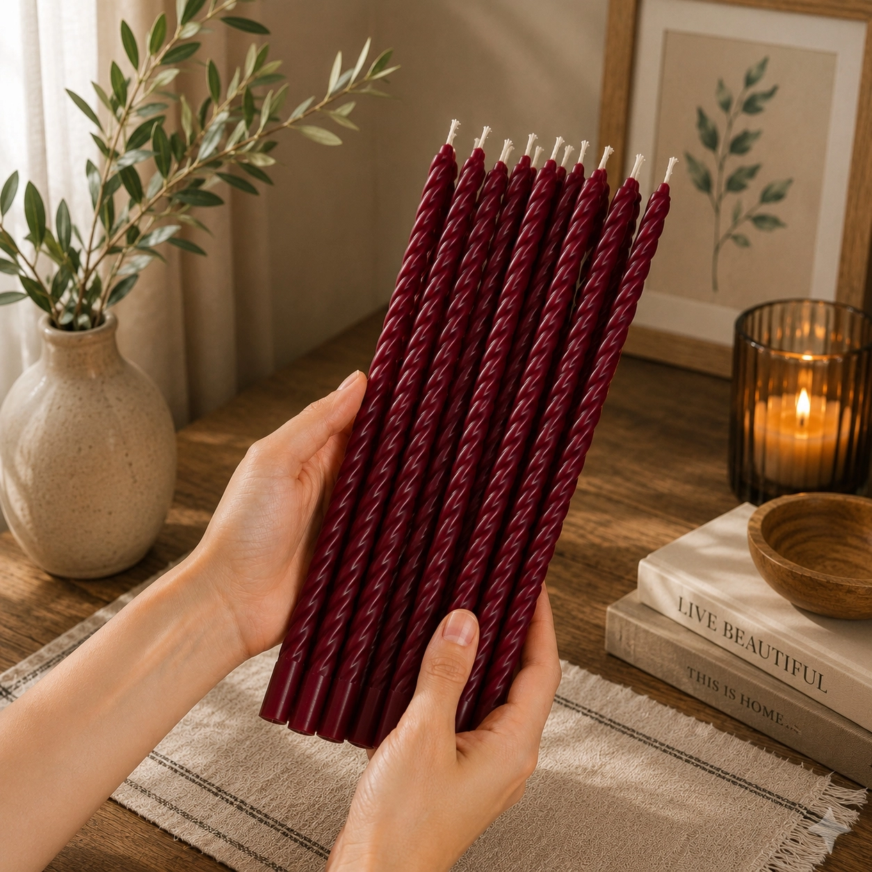 10 Adet Bordo Balmumu Mum Burgulu Dilek Mumu 24 cm Ritüel Şamdan Kutlama Nişan Düğün Doğum Günü Mumu