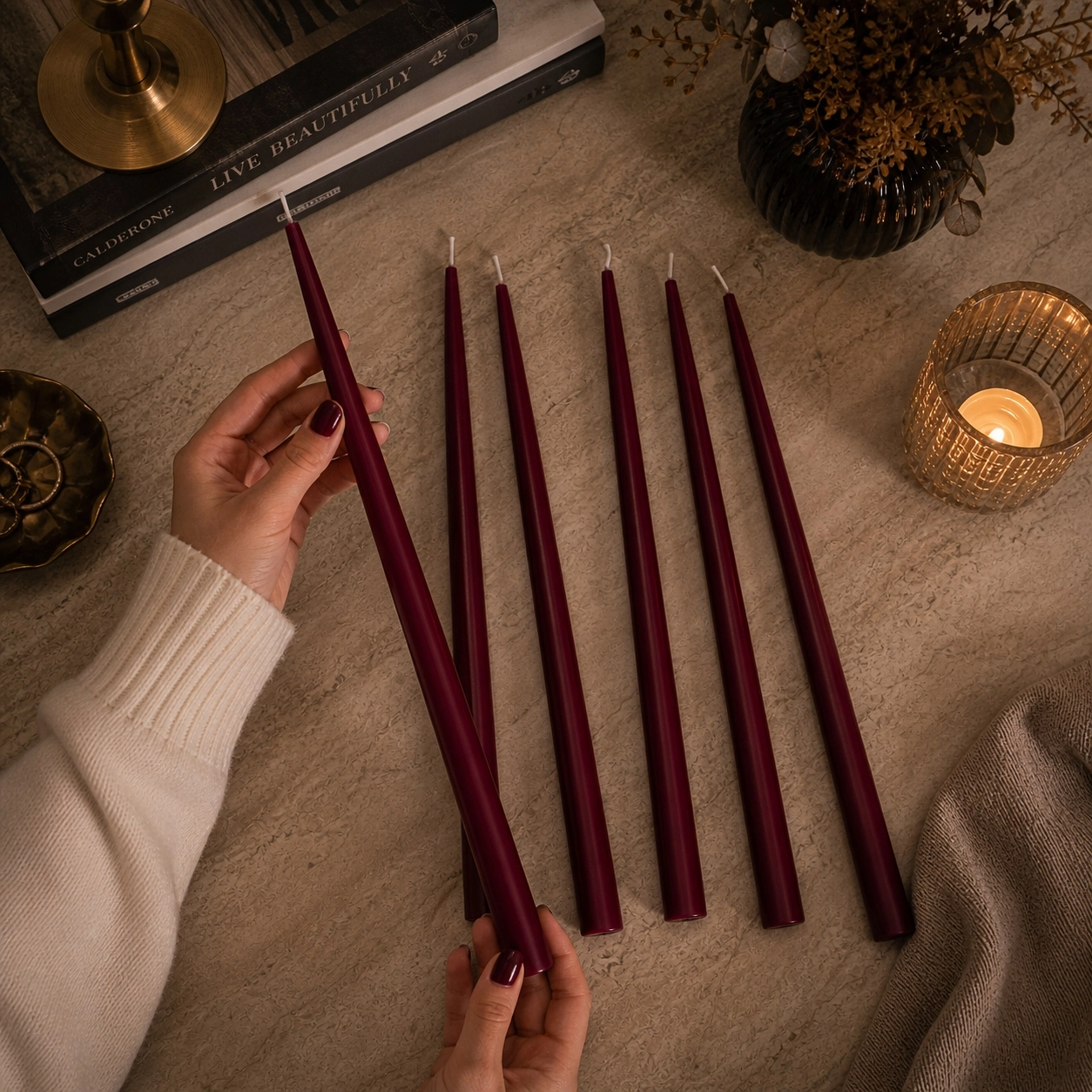 (6 Adet X 34Cm) Konik Balmumu Şamdan Mumu Bordo Doğal Petek Balmumu Mum Dekoratif Beeswax Candle