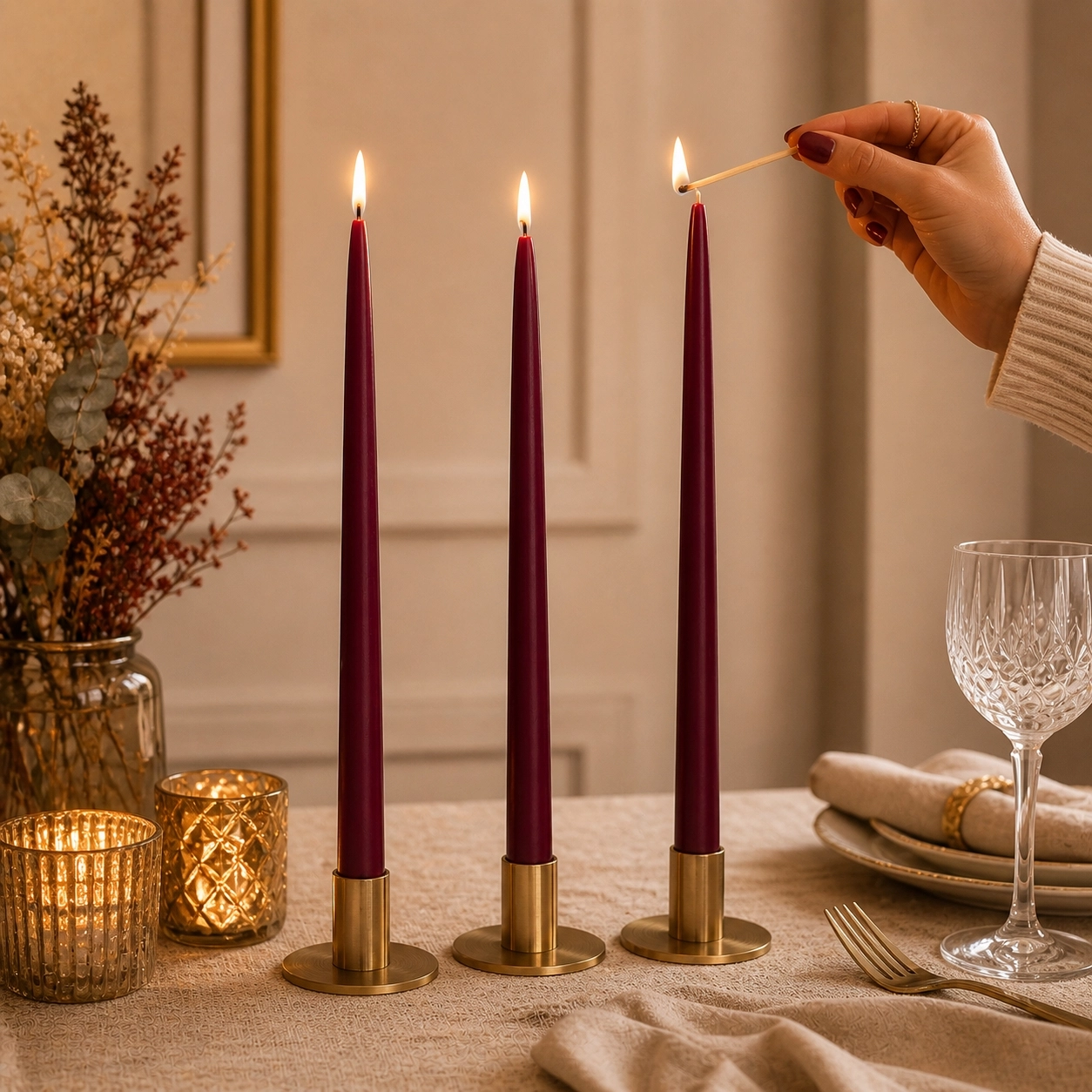 (6 Adet X 34Cm) Konik Balmumu Şamdan Mumu Bordo Doğal Petek Balmumu Mum Dekoratif Beeswax Candle