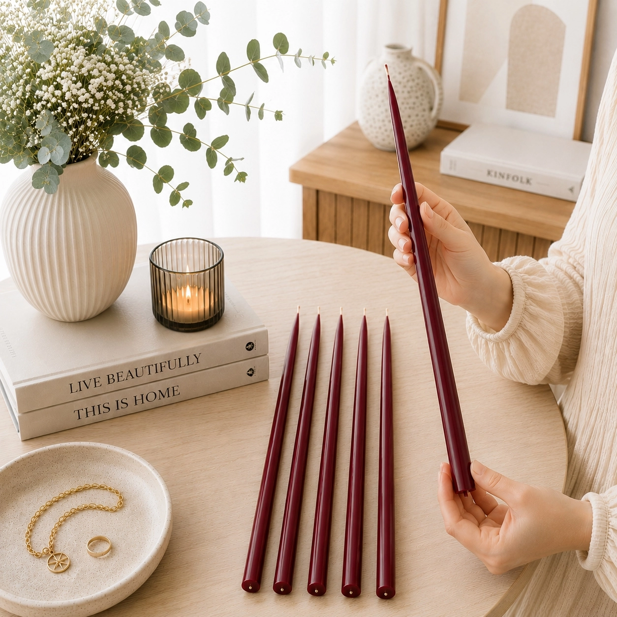 (6 Adet X 34Cm) Konik Balmumu Şamdan Mumu Bordo Doğal Petek Balmumu Mum Dekoratif Beeswax Candle