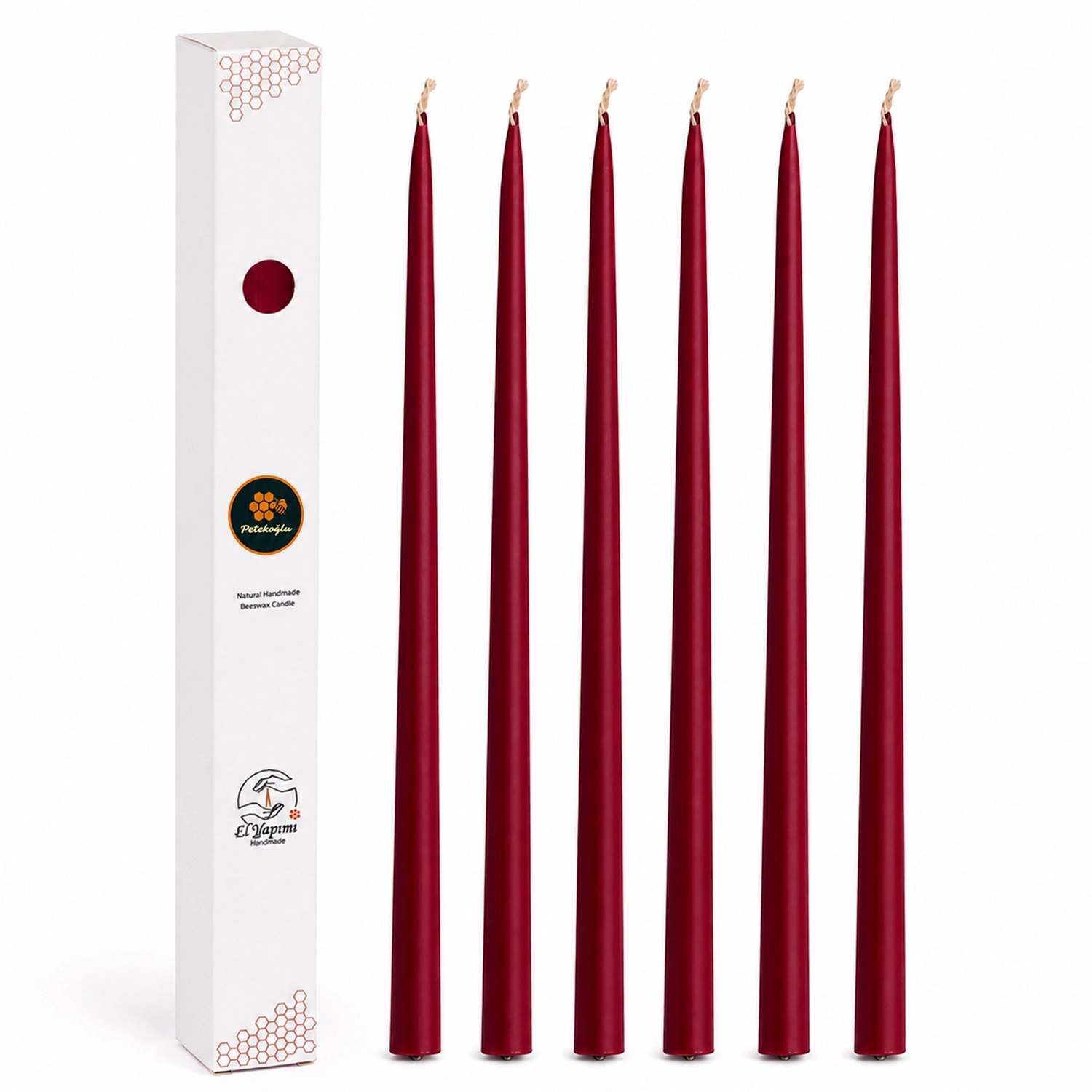 (6 Adet X 34Cm) Konik Balmumu Şamdan Mumu Bordo Doğal Petek Balmumu Mum Dekoratif Beeswax Candle
