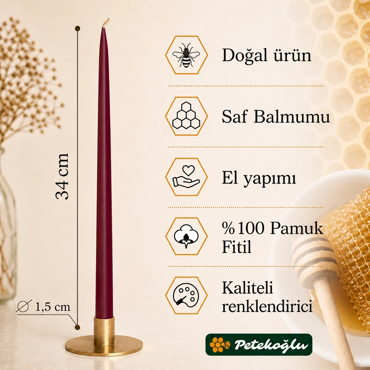 (6 Adet X 34Cm) Konik Balmumu Şamdan Mumu Bordo Doğal Petek Balmumu Mum Dekoratif Beeswax Candle