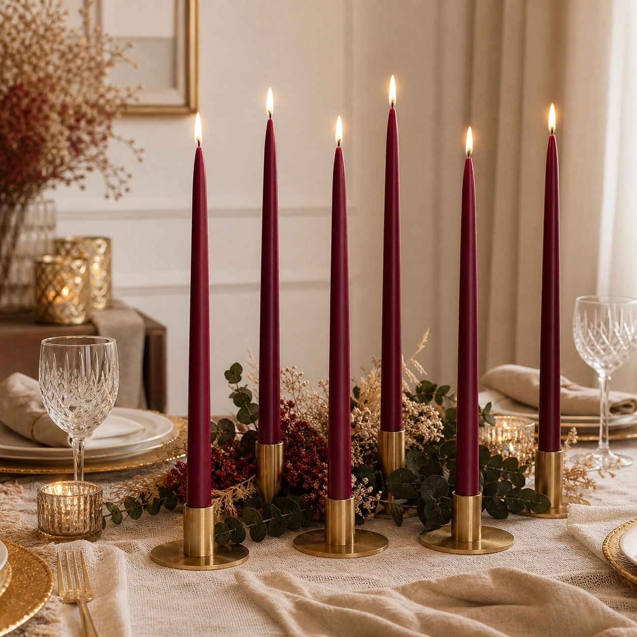 (6 Adet X 34Cm) Konik Balmumu Şamdan Mumu Bordo Doğal Petek Balmumu Mum Dekoratif Beeswax Candle