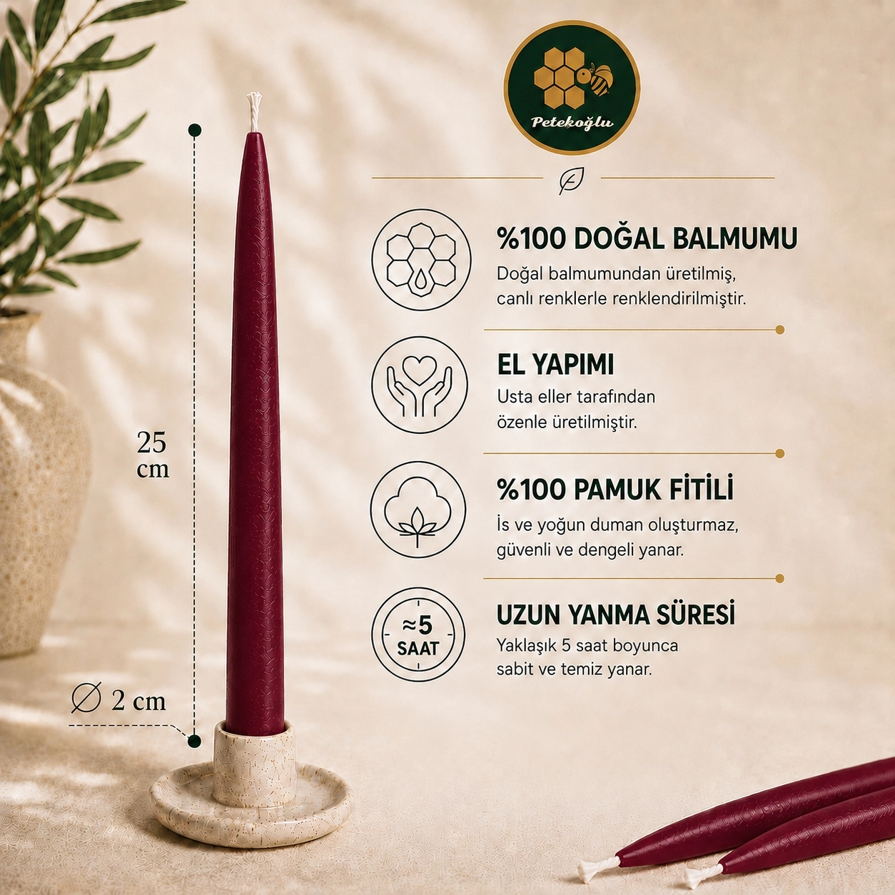 Bordo Balmumu Mum 4’lü – Standart Konik Şamdan Mumu 25 cm, 5 Saat Yanma, Yılbaşı ve Masa Dekorasyonu