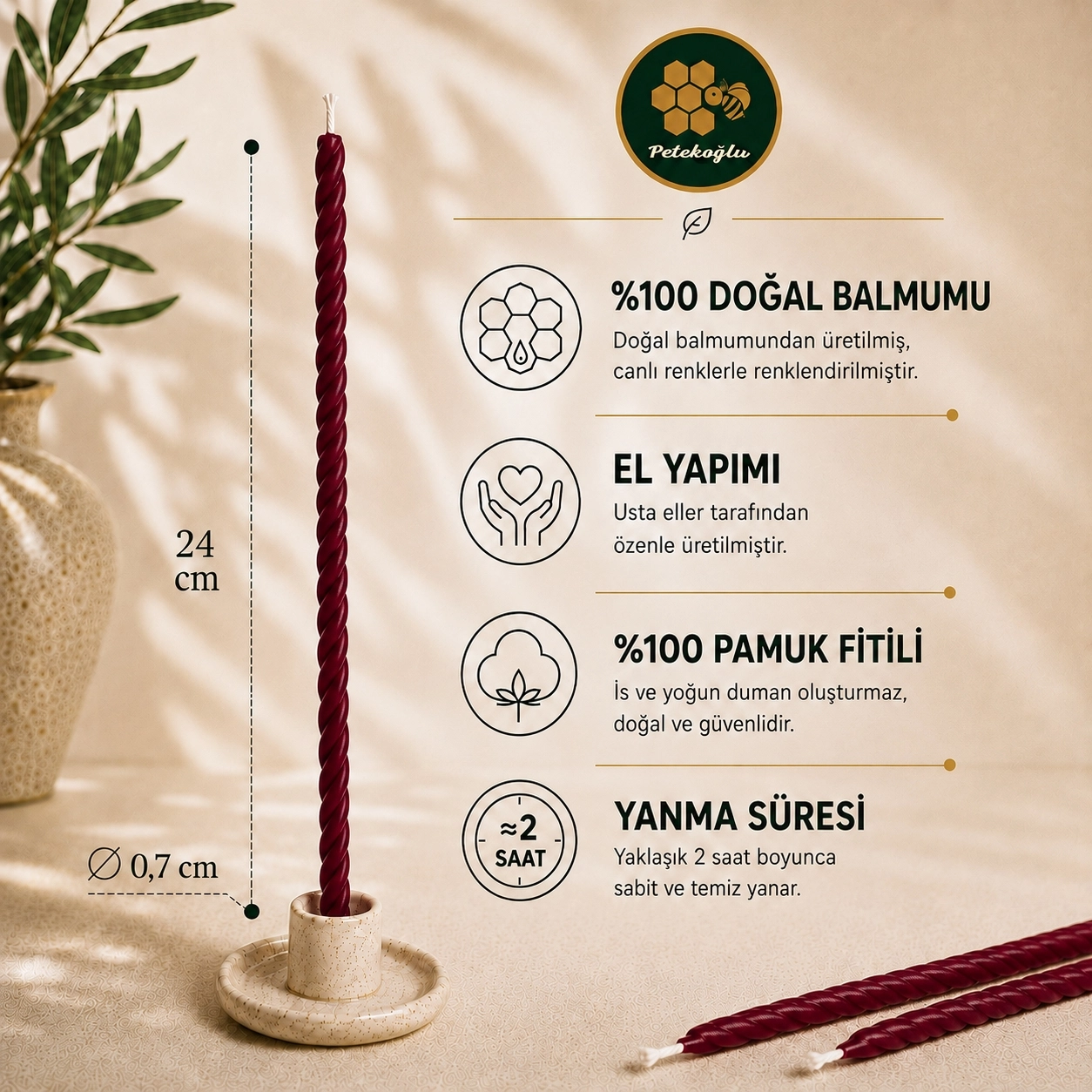 10 Adet Bordo Balmumu Mum Burgulu Dilek Mumu 24 cm Ritüel Şamdan Kutlama Nişan Düğün Doğum Günü Mumu
