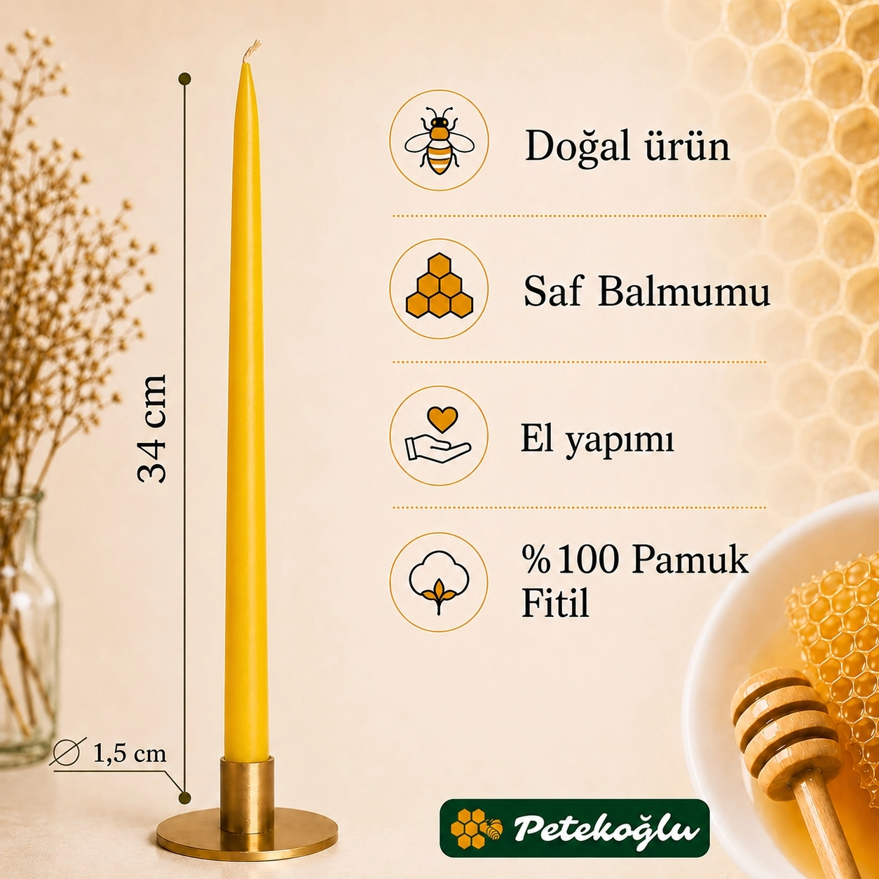 (6 Adet X 35Cm) Sarı Konik Balmumu Mum Şamdan Mumu Doğal Petek Bal Mumu Mum Dekoratif Beeswax Candle