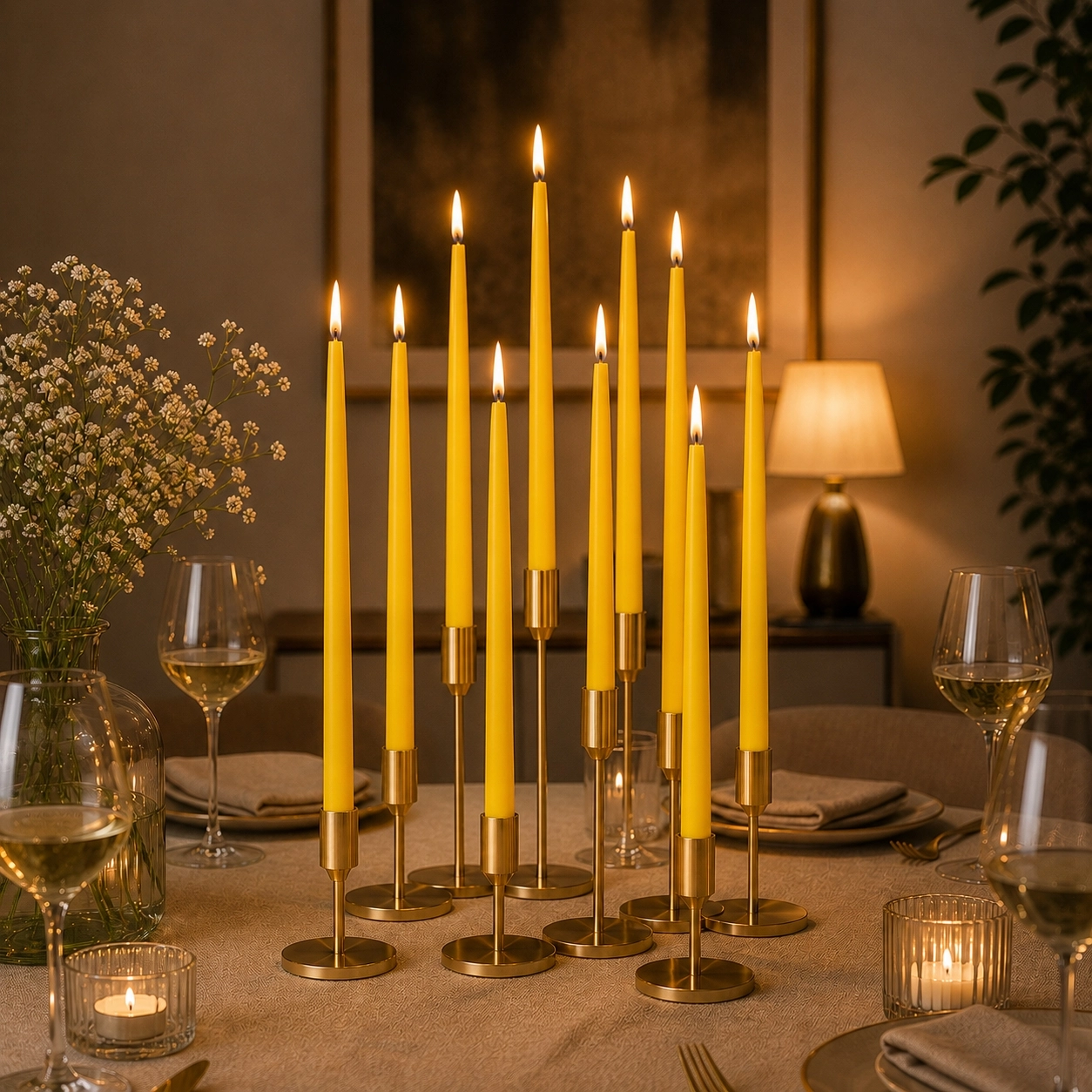 (6 Adet X 35Cm) Sarı Konik Balmumu Mum Şamdan Mumu Doğal Petek Bal Mumu Mum Dekoratif Beeswax Candle