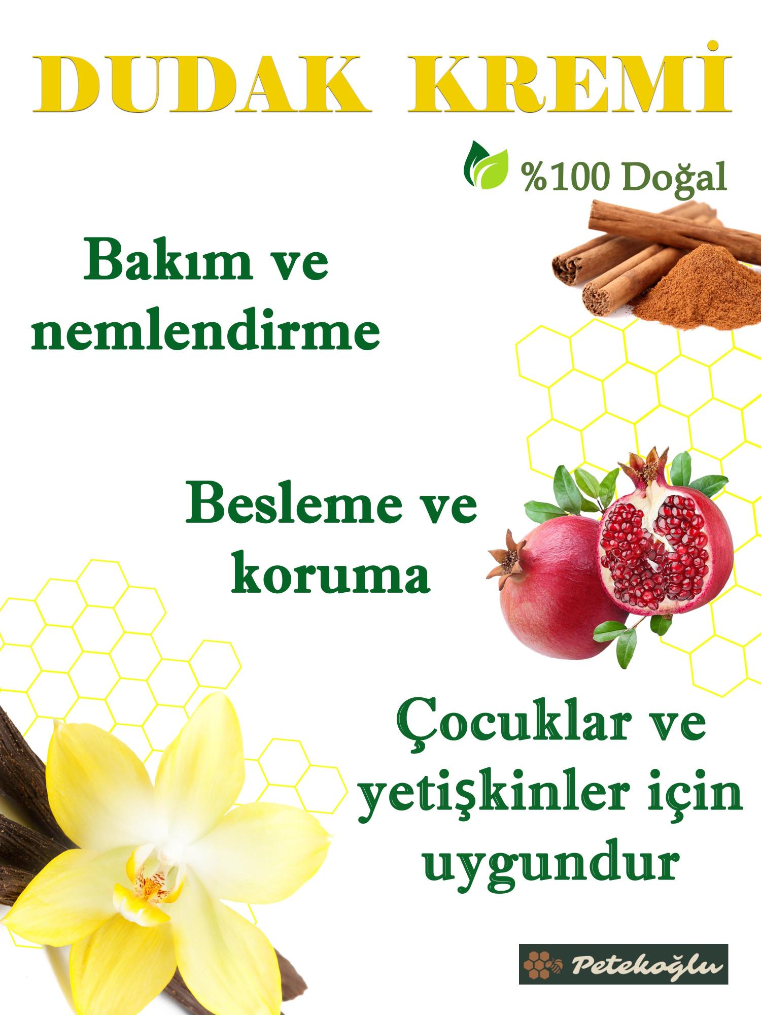 Dudak Kremi Propolis Bal Tarçın Sarı Kantaron Vanilya Shea Hindistan Cevizi Nar çekirdeği Zeytinyağı