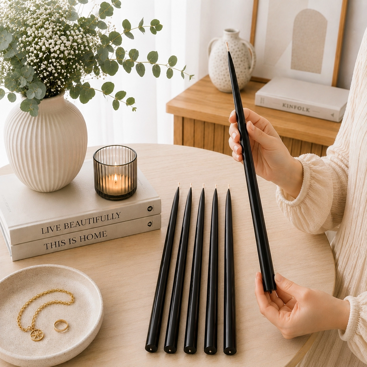 (6 Adet X 34Cm) Konik Balmumu Şamdan Mumu siyah Doğal Petek Balmumu Mum Dekoratif Beeswax Candle