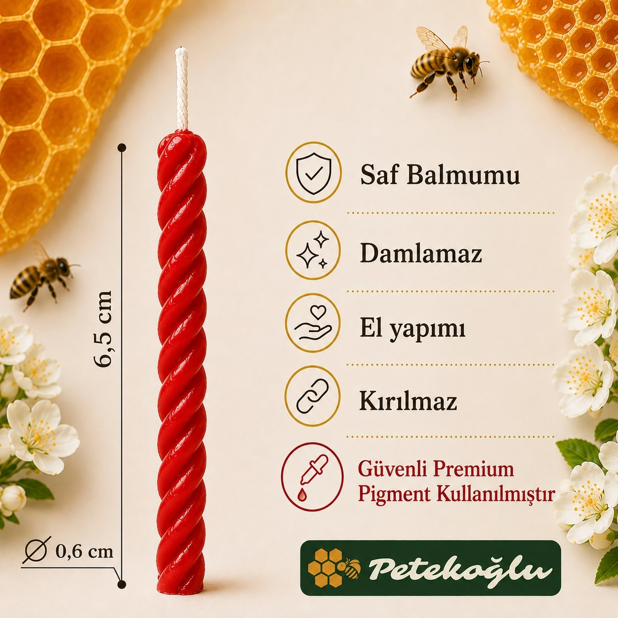 Kırmızı Balmumu Mum 12’li Küçük Boy Doğum Günü Pasta Mumu 6,5 cm El Yapımı