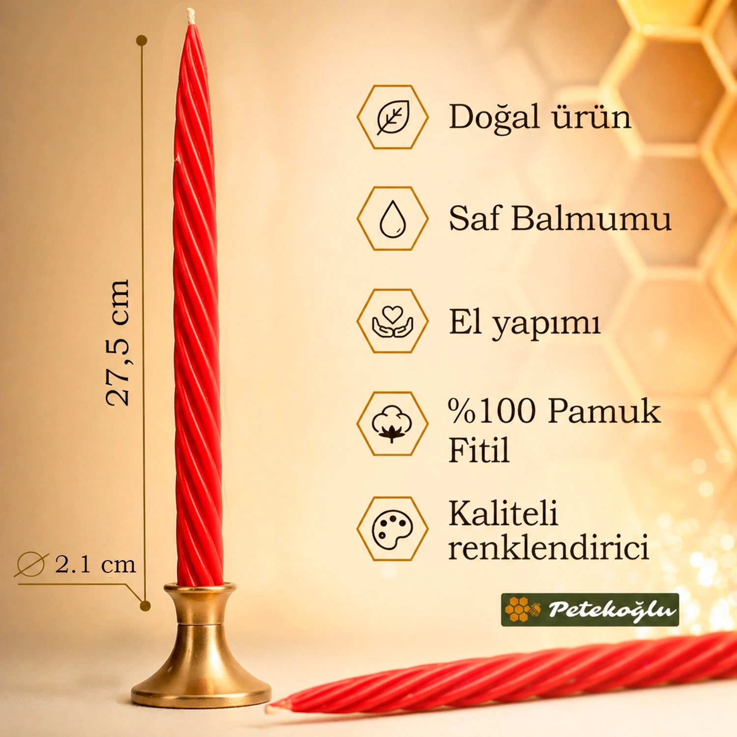 Balmumu Mum (2 Adet Kırmızı 27.5Cm)Kalın Burgu Burgulu Balmumu Şamdan Mumu  Dekoratif