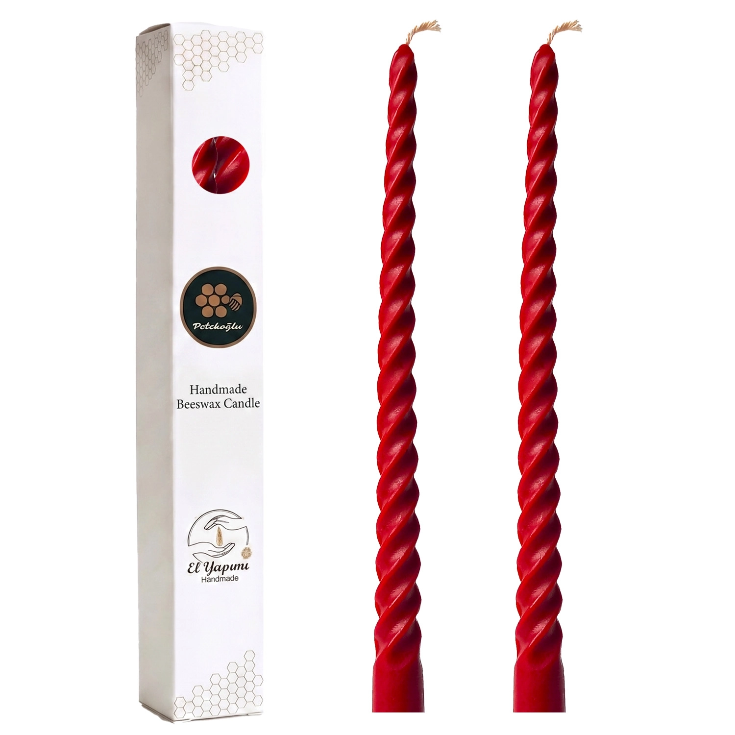 Kırmızı 2 Adet Konik Burgulu Balmumu Mum Şamdan Mumu Doğal Petek Mum (Beeswax Candle) 27.5 cm