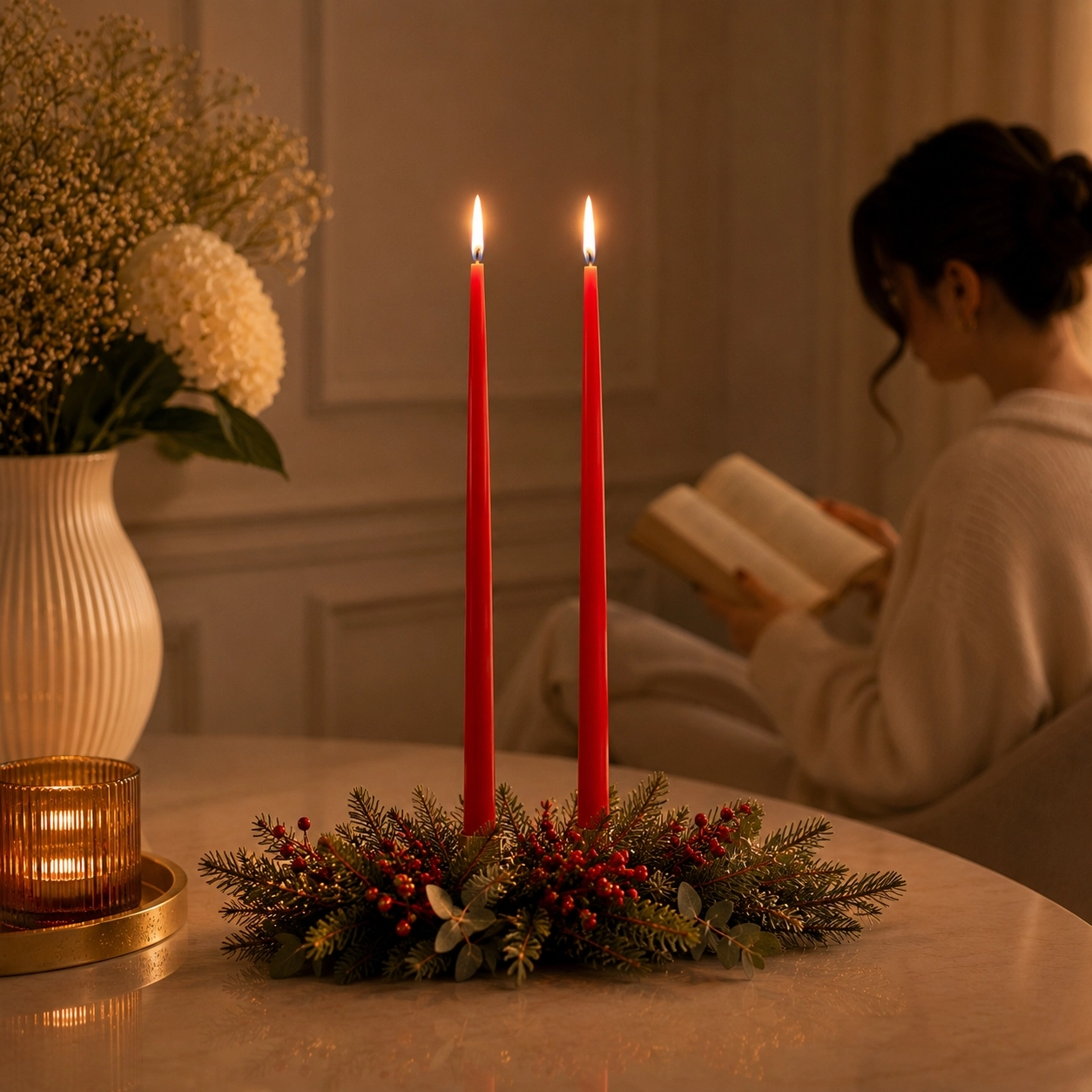(6 Adet X 34Cm) Kırmızı Konik Balmumu Şamdan Mum Doğal Beeswax Candle Dekoratif Mum Seti
