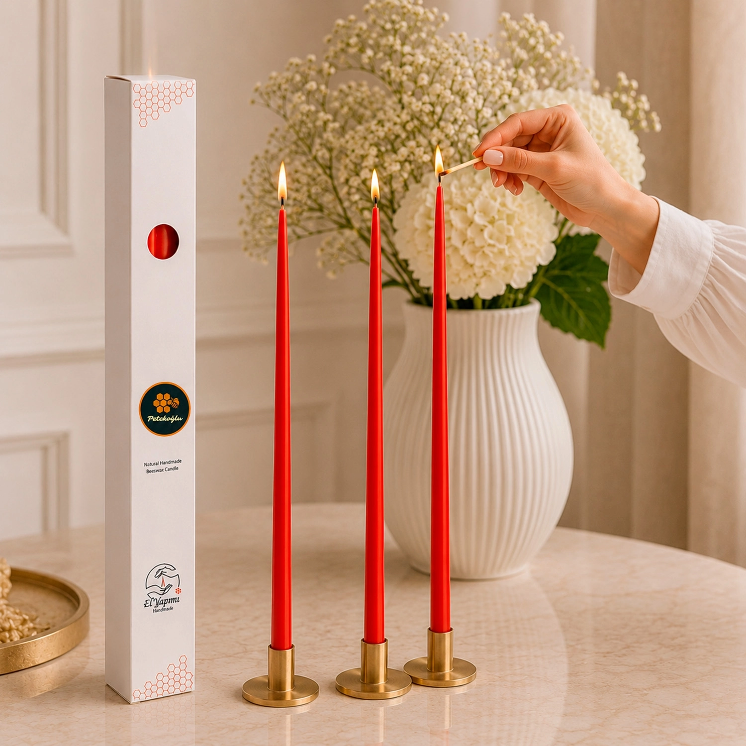 (6 Adet X 34Cm) Kırmızı Konik Balmumu Şamdan Mum Doğal Beeswax Candle Dekoratif Mum Seti