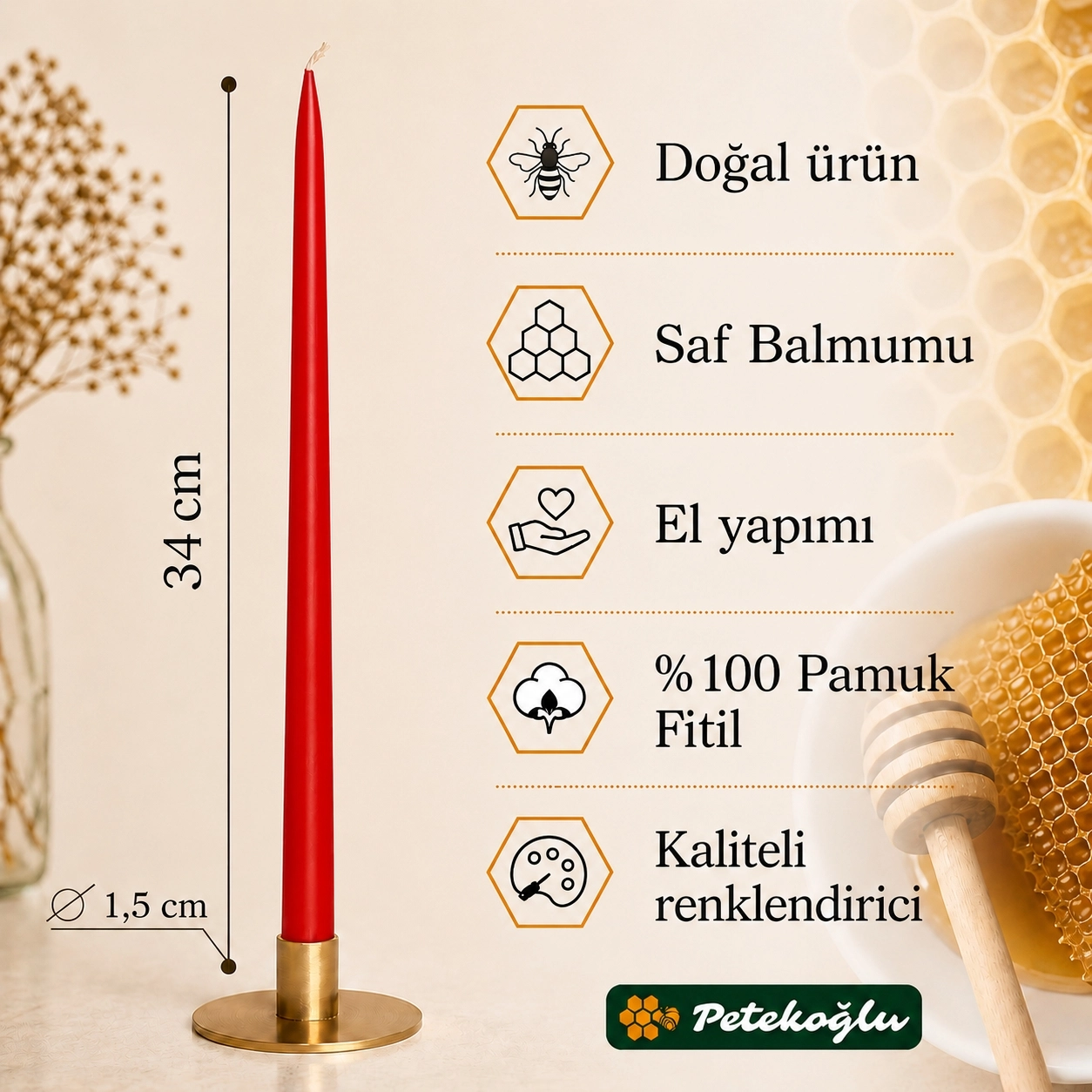 (6 Adet X 34Cm) Kırmızı Konik Balmumu Şamdan Mum Doğal Beeswax Candle Dekoratif Mum Seti