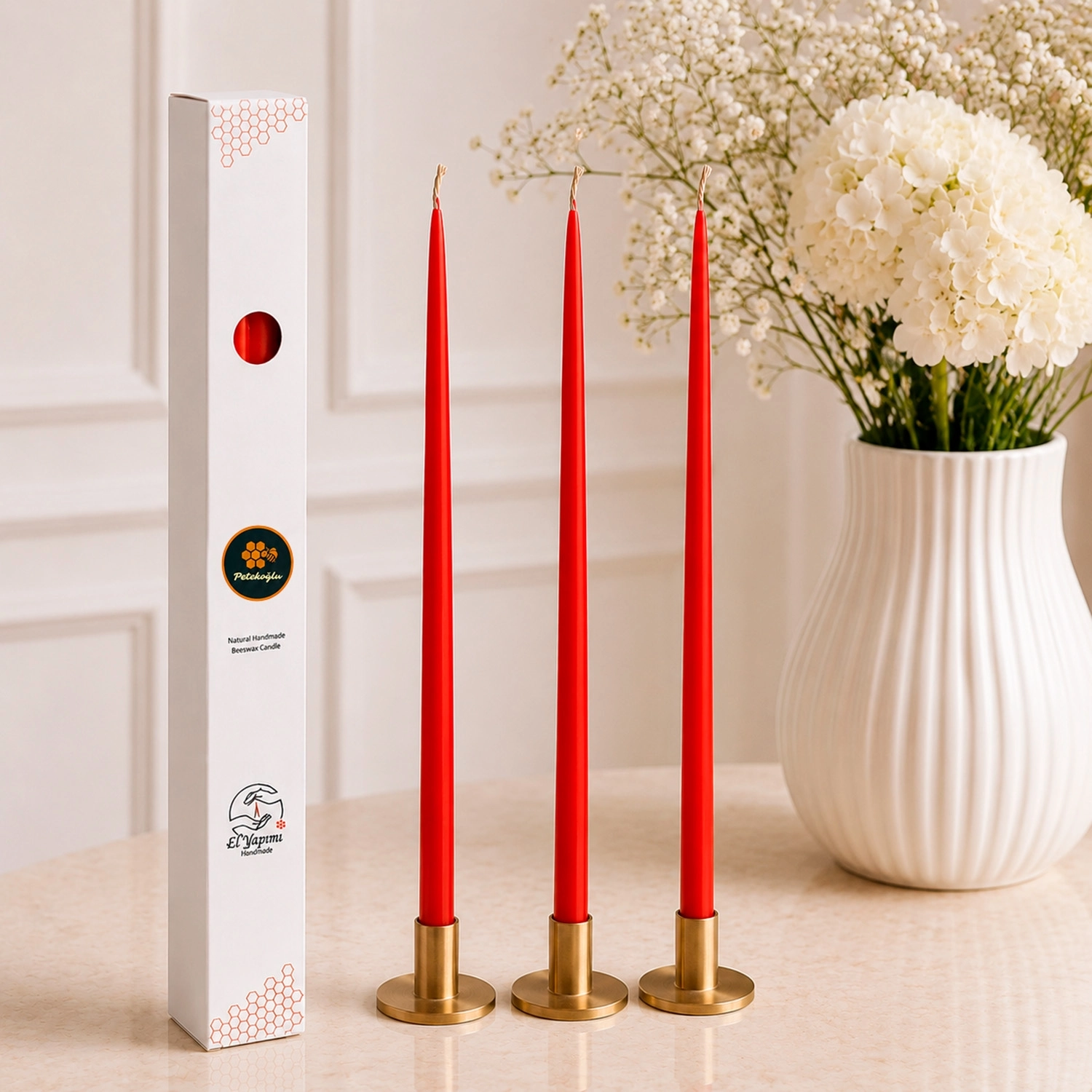 (6 Adet X 34Cm) Kırmızı Konik Balmumu Şamdan Mum Doğal Beeswax Candle Dekoratif Mum Seti