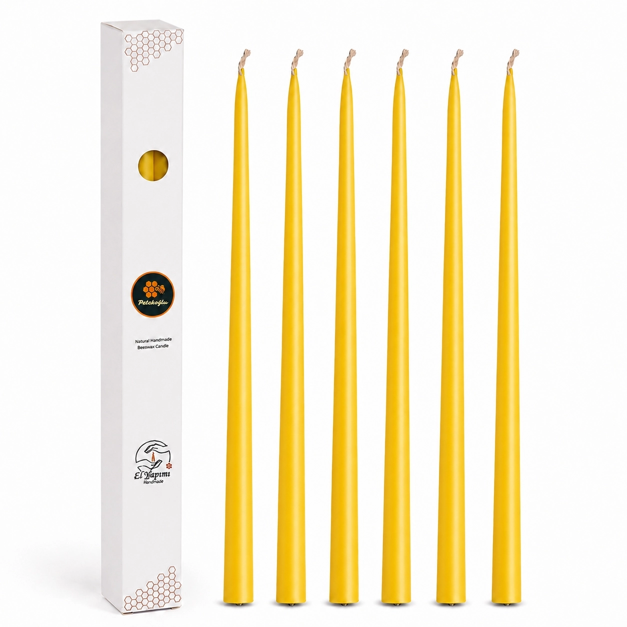 (6 Adet X 35Cm) Sarı Konik Balmumu Mum Şamdan Mumu Doğal Petek Bal Mumu Mum Dekoratif Beeswax Candle