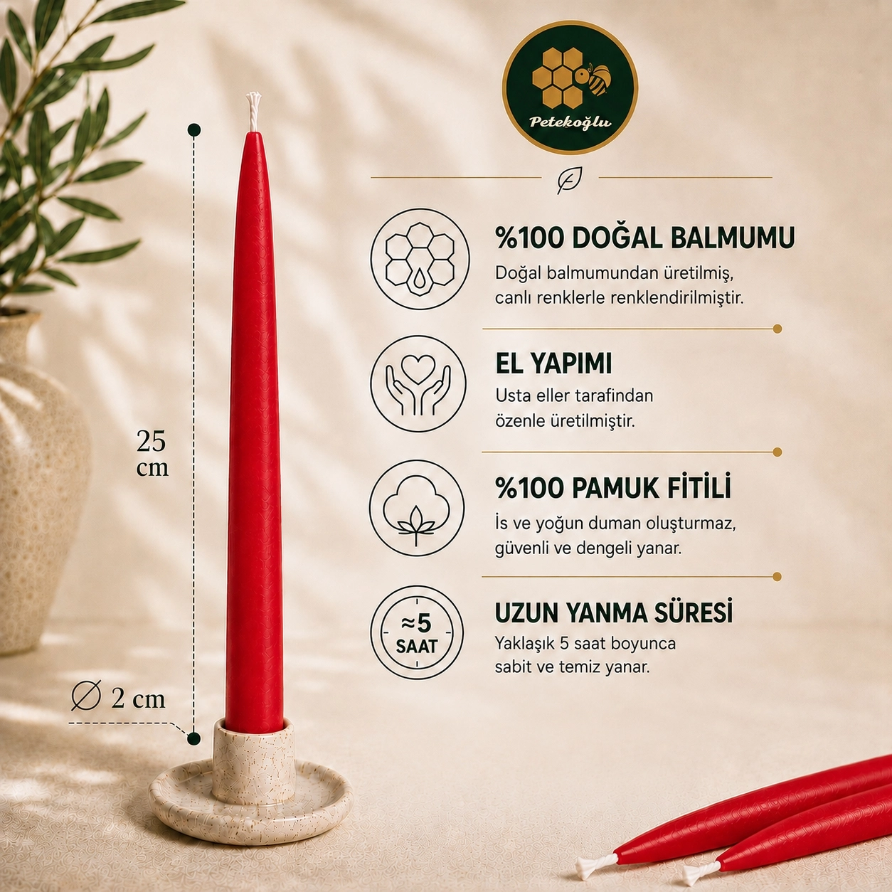 Kırmızı Balmumu Mum – Standart Konik Şamdan Mumu 4 Adet 25 cm Damlamayan İs Yapmayan Yılbaşı Taper Mum