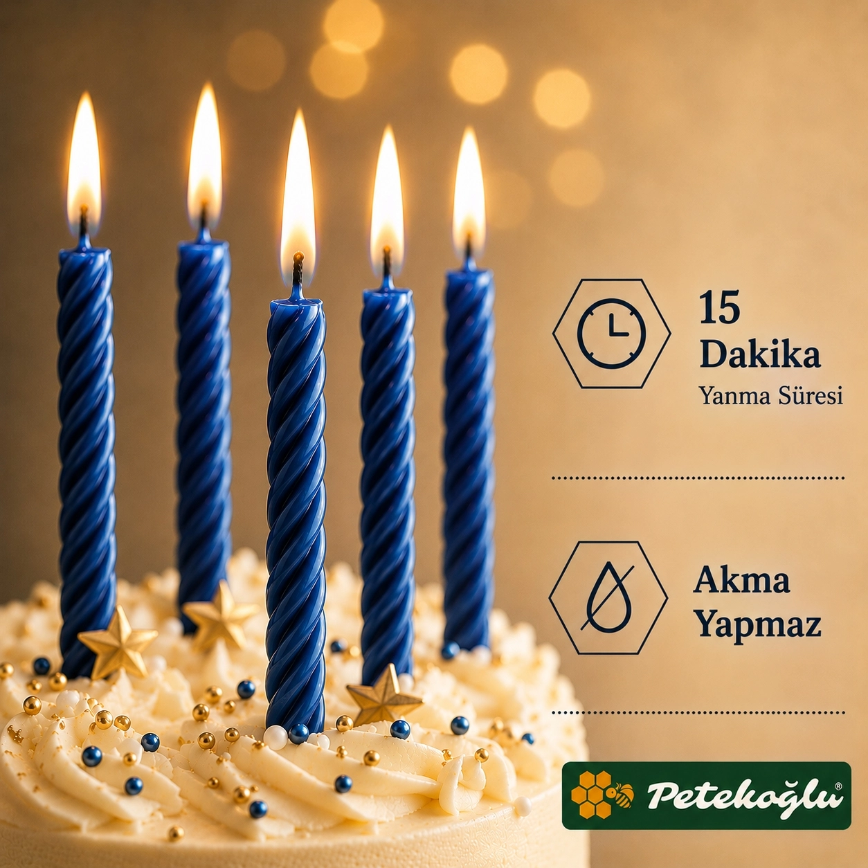 (12 Adet Mavi) Balmumu Mum Küçük Boy Doğum Günü ve Pasta Mumu El Yapımı 6,5 cm Beeswax Candle
