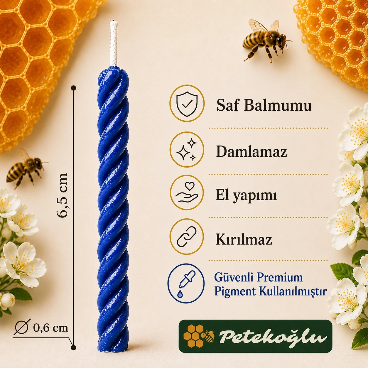 (12 Adet Mavi) Balmumu Mum Küçük Boy Doğum Günü ve Pasta Mumu El Yapımı 6,5 cm Beeswax Candle