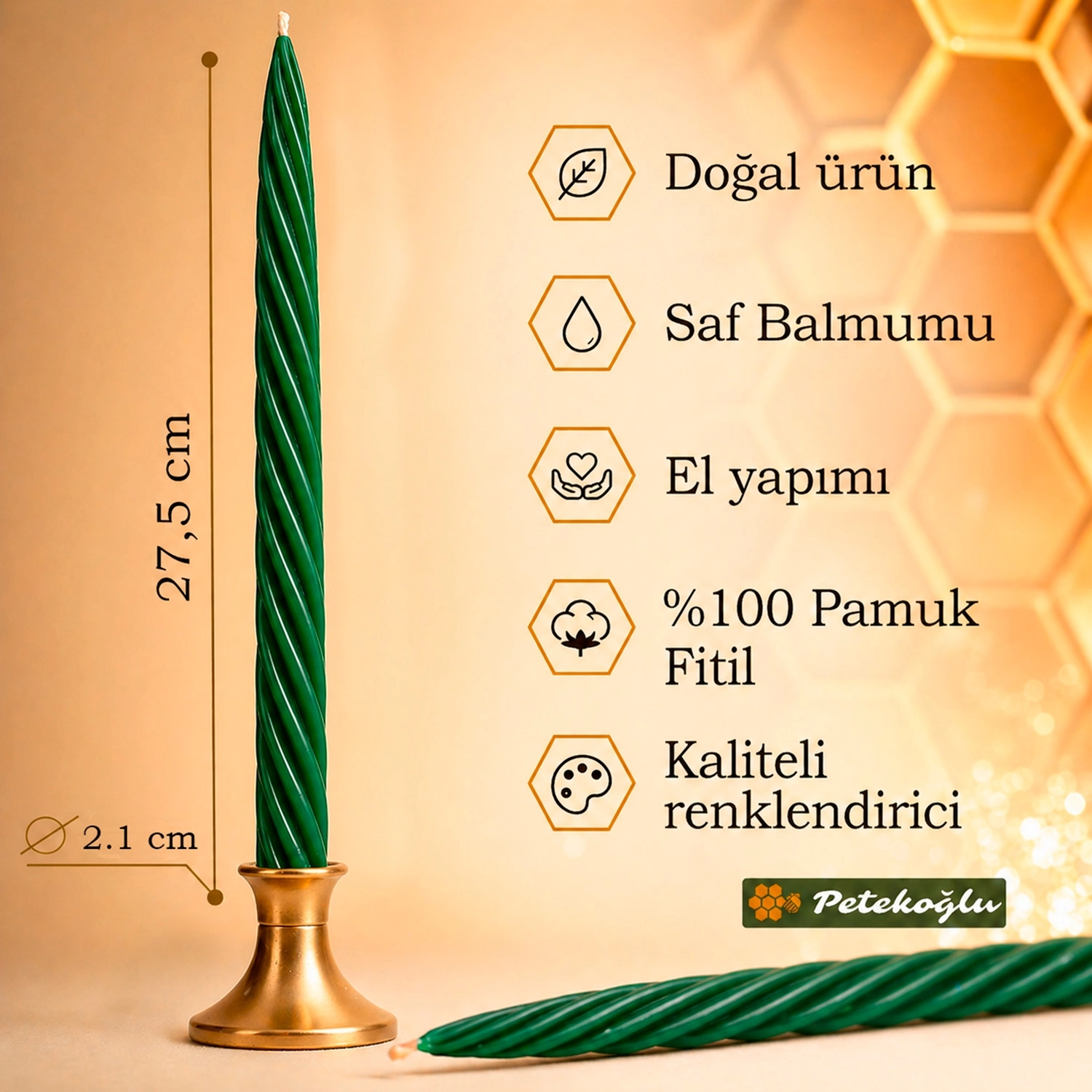 Balmumu Mum (2 Adet Yeşil 27.5Cm)Kalın Burgulu Şamdan Mumu Dekoratif ve Yeni Yıl