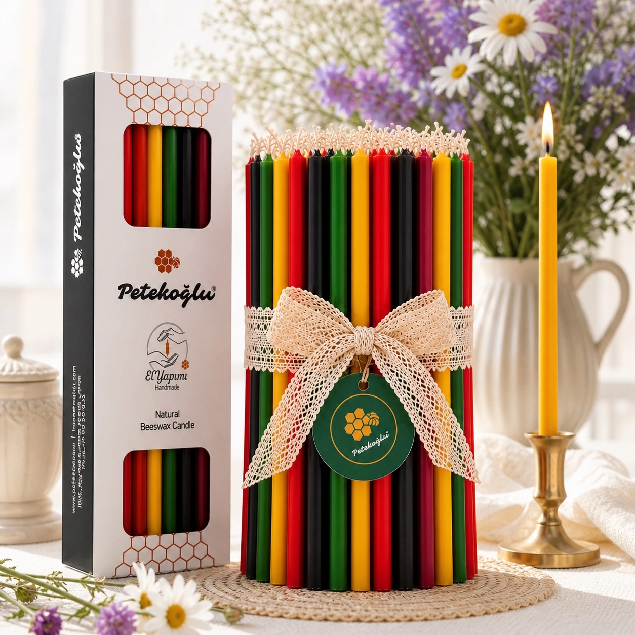 (40 Adet 5 Renk) Balmumu Mum (Beeswax Candle) Petekoğlu Dilek Mumu – 20 cm İnce Uzun Doğal Parti, Ritüel ve Doğum Günü Mumu