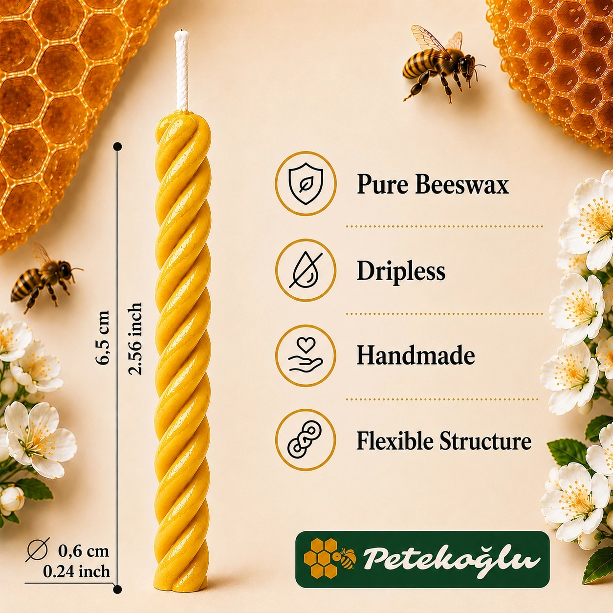 %100 Doğal Sarı Balmumu Küçük Boy Doğum Günü ve Pasta Mumu 12’li – 6,5 cm El Yapımı