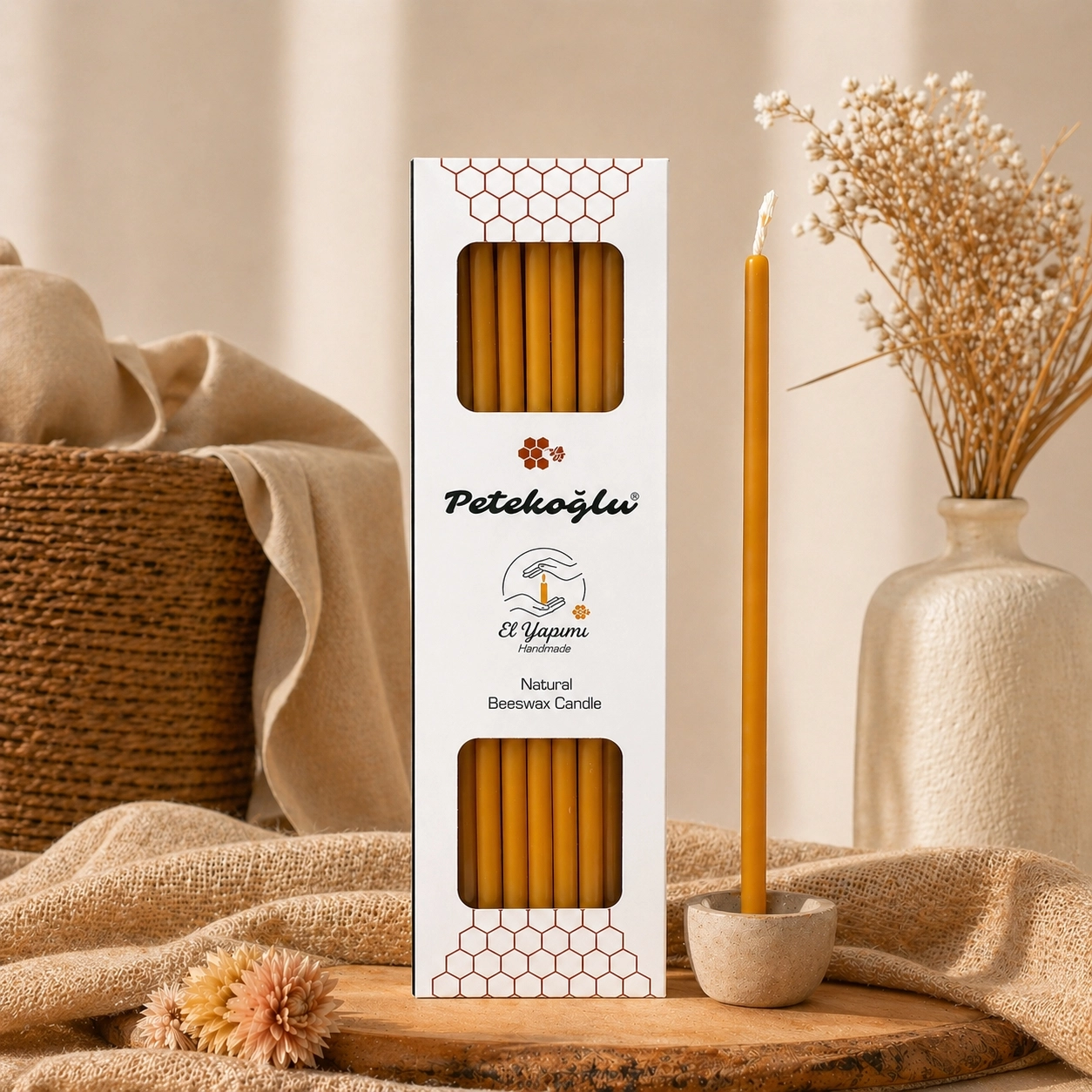 (40 Adet) Balmumu Mum (Beeswax Candle) Petekoğlu Sarı Dilek Mumu – 20 cm İnce Uzun Doğal – Parti, Nişan, Düğün, Ritüel, Doğum Günü