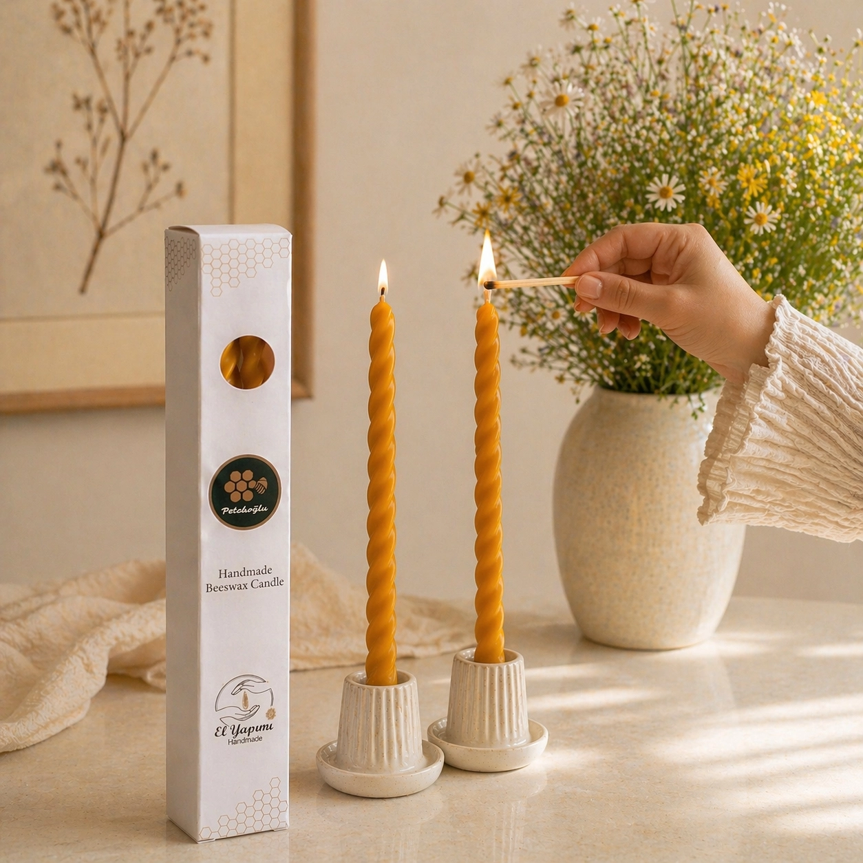 (2 Adet 27.5Cm) Konik Burgulu Balmumu Şamdan Mumu Doğal Petek Balmumu Mum Dekoratif Beeswax Candle