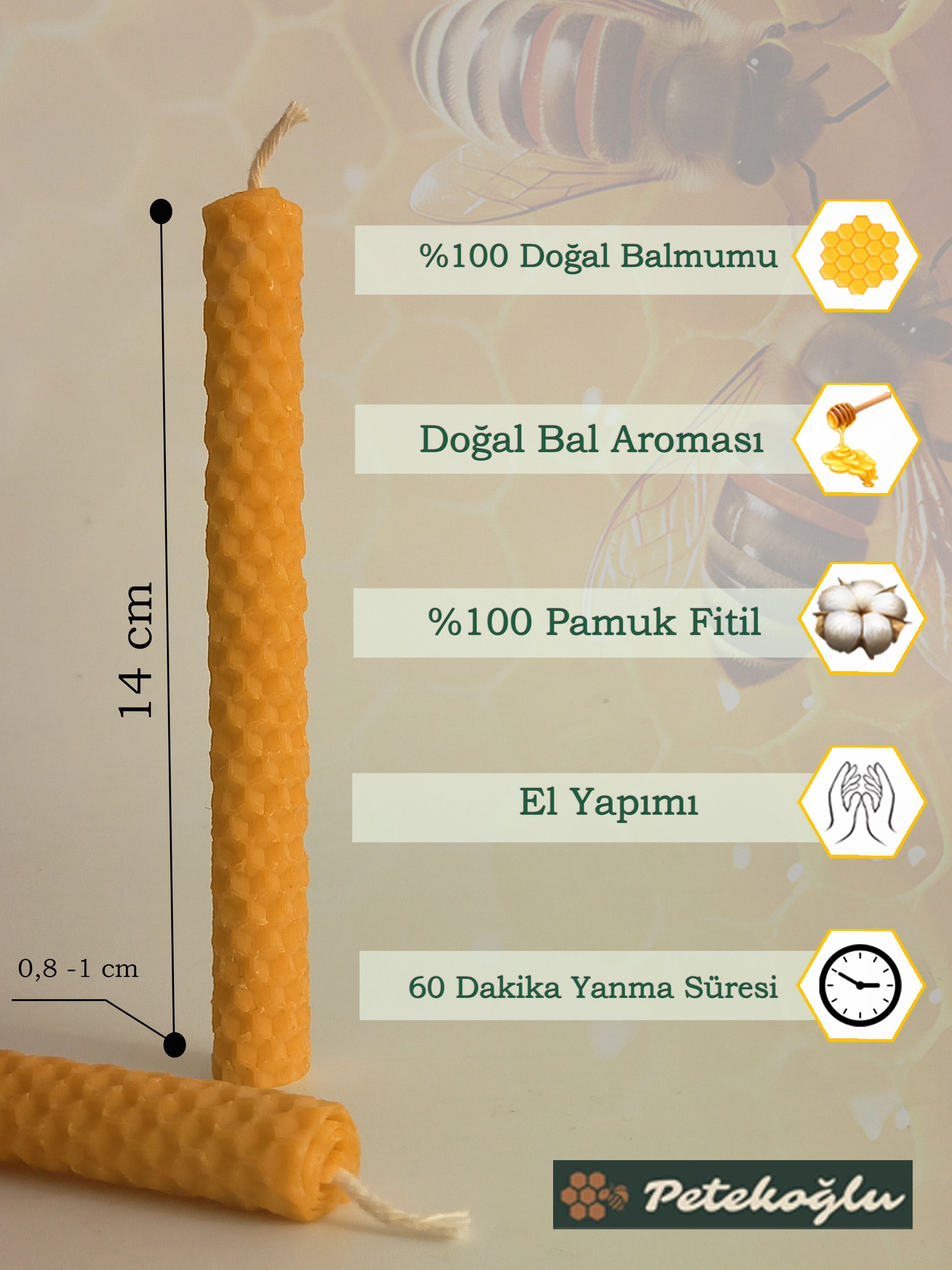 (16 Adet ) Bal Mumu  Dilek Mumu 14Cm Doğal Petek Balmumu mum
